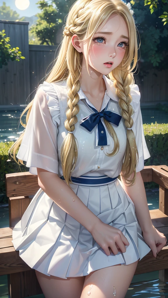 ((Highest quality)), ((masterpiece)), (detailed), Braided long hair, ((Blonde)), (A high school girl and an old man:1.2), beautiful girl, upright straddle, girl on top, (licking:1.1), Very cute eyes, False eyelashes, (((Watery eye))), (surprised:1.3), (She's in trouble:1.3), Glossy thick lips, Glowing White Skin, Pleated skirt, outside, moonlight, shooting star, Wind