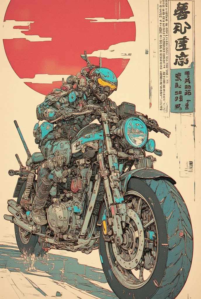  Ukiyo-e I have a picture of a Cyberpunk motorcycle ,   This is a picture with super fine details inspired by Utagawa Kuniyoshi,  ukiyo-e, Nichos  art aesthetic, Shiro Masamune style ,  Biomechanical Details ,  Hyper Detailed Illustration ,  A mix of organic matter from the anime Samurai Rider and Cyberpunk ,  detailed steampunk illustration, Nichos , Detailed Cyberpunk Rider animated illustration 