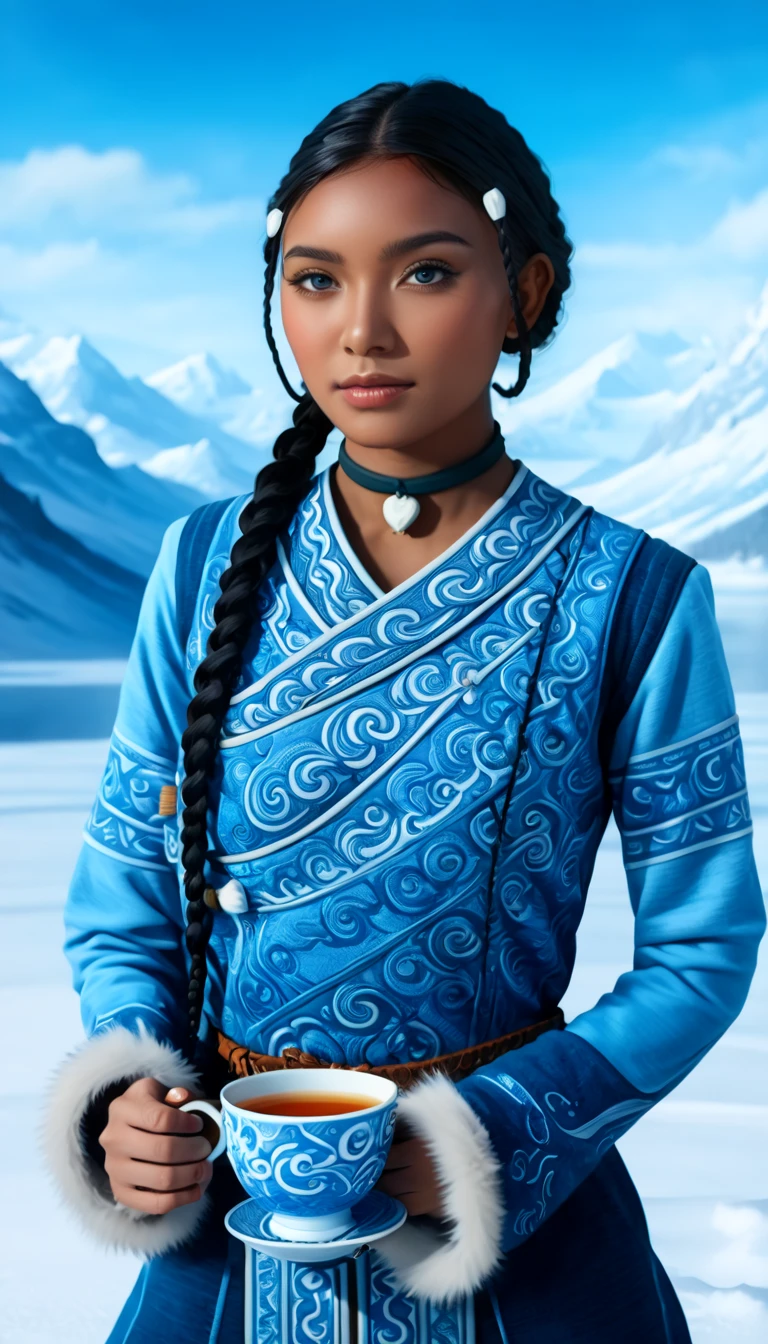 1 woman, (Katara from Avatar: The Last Airbender), (highly detailed), (realistic), ((full-body)), ((anime style)), (tools: tea cup, traditional waterbender artifacts), ((home setting, North Pole, snowy environment, snow-covered mountains, winter weather, water), standing confidently), (illustration by Artgerm, with a sense of realism:1.4), (perfect lighting, cinematic, lens flare, high contrast), (highlighted collar with intricate details), ((blue eyes:1.4)), (dark skin:1.6), (realistic textures, perfect anatomy), ((almond-shaped eyes reflecting Asian influences, vibrant blue, highly detailed, sparkling)), ((braids in the front, long lower braid, perfectly styled)), (detailed face, oval face, symmetrical facial features, seductive expression), ((Peach breasts)), ((heart-shaped butt)), ((thick thighs:1.2)), ((big ass)), ((cleavage)), (she's sitting, enjoying tea in a traditional setting), (highly detailed background:1.2, snow-covered landscape with a clear sky, icy mountains, intricate home decor in the North Pole), (masterpiece illustration, high-quality details:1.4), (perfect body structure, realistic and symmetrical), (perfect hands, fingers, legs, feet, highly detailed), (amazing lighting, 3-point lighting setup, soft shadows), (close-up:1.2), (custom modern and sophisticated design, UHD, realistic textures), ((tribal water tribe clothing with fur dress)), ((depth of field: average, f/2.0)), ((camera angle: 3/4 view, 24mm wide-angle lens)), ((high-definition full-body with stunning details))