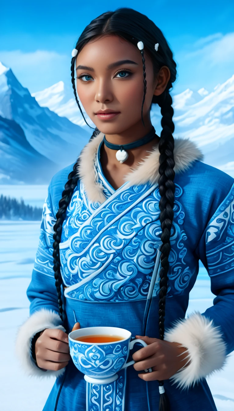 1 woman, (Katara from Avatar: The Last Airbender), (highly detailed), (realistic), ((full-body)), ((anime style)), (tools: tea cup, traditional waterbender artifacts), ((home setting, North Pole, snowy environment, snow-covered mountains, winter weather, water), standing confidently), (illustration by Artgerm, with a sense of realism:1.4), (perfect lighting, cinematic, lens flare, high contrast), (highlighted collar with intricate details), ((blue eyes:1.4)), (dark skin:1.6), (realistic textures, perfect anatomy), ((almond-shaped eyes reflecting Asian influences, vibrant blue, highly detailed, sparkling)), ((braids in the front, long lower braid, perfectly styled)), (detailed face, oval face, symmetrical facial features, seductive expression), ((Peach breasts)), ((heart-shaped butt)), ((thick thighs:1.2)), ((big ass)), ((cleavage)), (she's sitting, enjoying tea in a traditional setting), (highly detailed background:1.2, snow-covered landscape with a clear sky, icy mountains, intricate home decor in the North Pole), (masterpiece illustration, high-quality details:1.4), (perfect body structure, realistic and symmetrical), (perfect hands, fingers, legs, feet, highly detailed), (amazing lighting, 3-point lighting setup, soft shadows), (close-up:1.2), (custom modern and sophisticated design, UHD, realistic textures), ((tribal water tribe clothing with fur dress)), ((depth of field: average, f/2.0)), ((camera angle: 3/4 view, 24mm wide-angle lens)), ((high-definition full-body with stunning details))