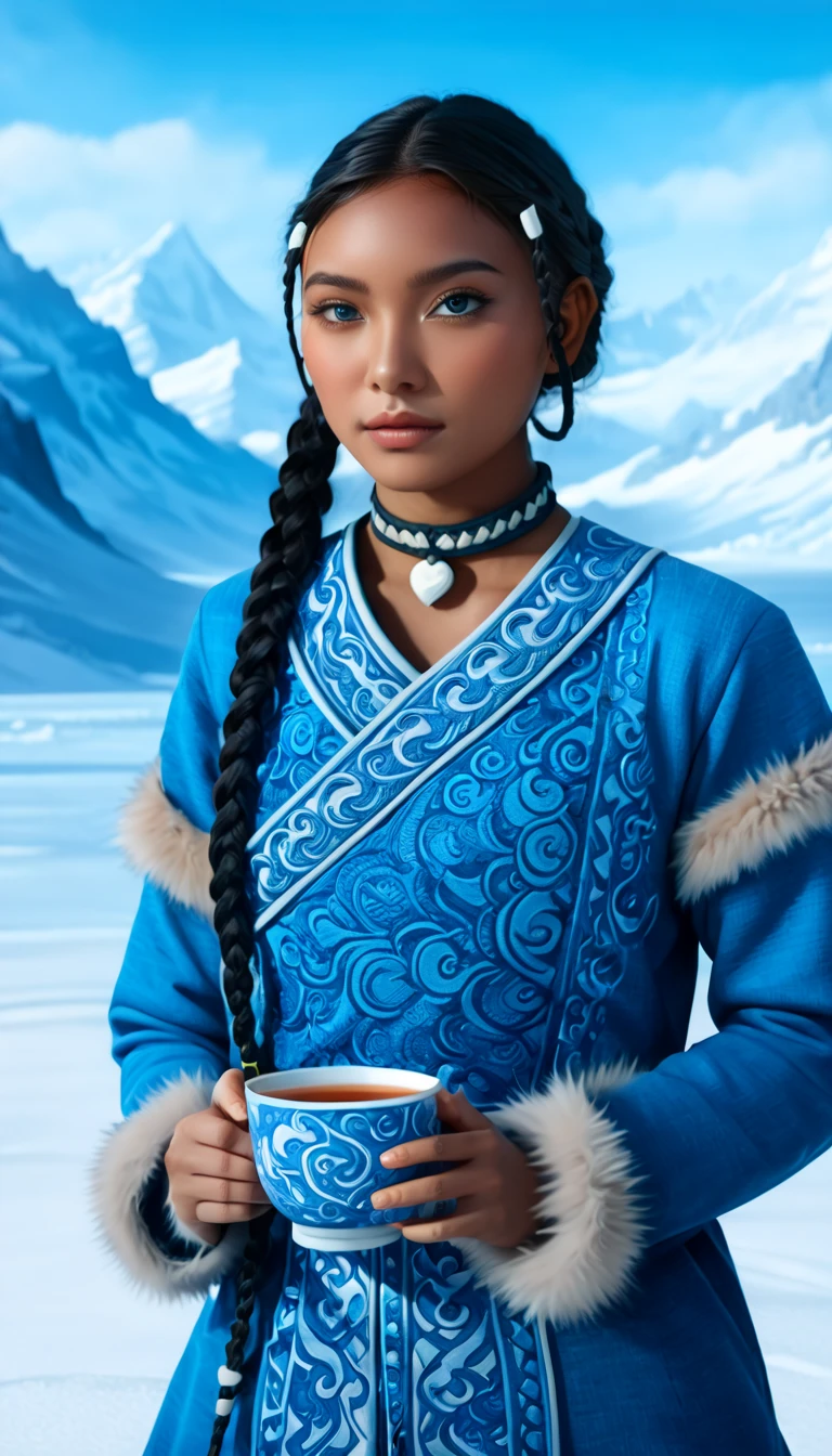 1 woman, (Katara from Avatar: The Last Airbender), (highly detailed), (realistic), ((full-body)), ((anime style)), (tools: tea cup, traditional waterbender artifacts), ((home setting, North Pole, snowy environment, snow-covered mountains, winter weather, water), standing confidently), (illustration by Artgerm, with a sense of realism:1.4), (perfect lighting, cinematic, lens flare, high contrast), (highlighted collar with intricate details), ((blue eyes:1.4)), (dark skin:1.6), (realistic textures, perfect anatomy), ((almond-shaped eyes reflecting Asian influences, vibrant blue, highly detailed, sparkling)), ((braids in the front, long lower braid, perfectly styled)), (detailed face, oval face, symmetrical facial features, seductive expression), ((Peach breasts)), ((heart-shaped butt)), ((thick thighs:1.2)), ((big ass)), ((cleavage)), (she's sitting, enjoying tea in a traditional setting), (highly detailed background:1.2, snow-covered landscape with a clear sky, icy mountains, intricate home decor in the North Pole), (masterpiece illustration, high-quality details:1.4), (perfect body structure, realistic and symmetrical), (perfect hands, fingers, legs, feet, highly detailed), (amazing lighting, 3-point lighting setup, soft shadows), (close-up:1.2), (custom modern and sophisticated design, UHD, realistic textures), ((tribal water tribe clothing with fur dress)), ((depth of field: average, f/2.0)), ((camera angle: 3/4 view, 24mm wide-angle lens)), ((high-definition full-body with stunning details))