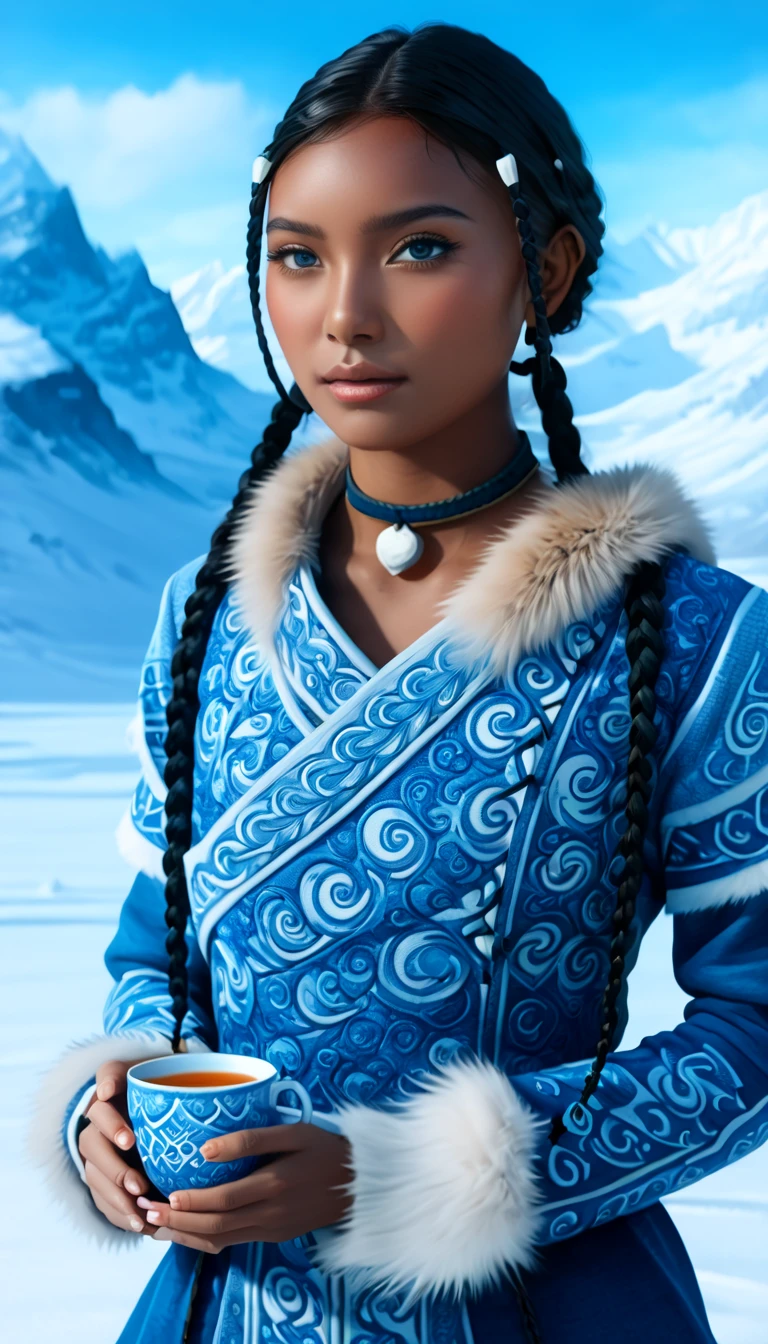 1 woman, (Katara from Avatar: The Last Airbender), (highly detailed), (realistic), ((full-body)), ((anime style)), (tools: tea cup, traditional waterbender artifacts), ((home setting, North Pole, snowy environment, snow-covered mountains, winter weather, water), standing confidently), (illustration by Artgerm, with a sense of realism:1.4), (perfect lighting, cinematic, lens flare, high contrast), (highlighted collar with intricate details), ((blue eyes:1.4)), (dark skin:1.6), (realistic textures, perfect anatomy), ((almond-shaped eyes reflecting Asian influences, vibrant blue, highly detailed, sparkling)), ((braids in the front, long lower braid, perfectly styled)), (detailed face, oval face, symmetrical facial features, seductive expression), ((Peach breasts)), ((heart-shaped butt)), ((thick thighs:1.2)), ((big ass)), ((cleavage)), (she's sitting, enjoying tea in a traditional setting), (highly detailed background:1.2, snow-covered landscape with a clear sky, icy mountains, intricate home decor in the North Pole), (masterpiece illustration, high-quality details:1.4), (perfect body structure, realistic and symmetrical), (perfect hands, fingers, legs, feet, highly detailed), (amazing lighting, 3-point lighting setup, soft shadows), (close-up:1.2), (custom modern and sophisticated design, UHD, realistic textures), ((tribal water tribe clothing with fur dress)), ((depth of field: average, f/2.0)), ((camera angle: 3/4 view, 24mm wide-angle lens)), ((high-definition full-body with stunning details))