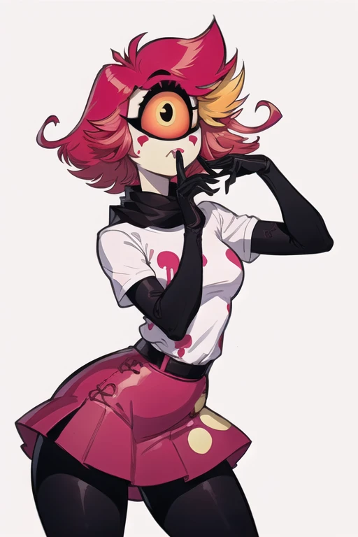 Niffty, 1girginalOutfit), (white shirt, pink skirt, gloves, black tights), cyclops, portrait, perfect anatomy, smile, sharp teeth, sitting in wheelchair