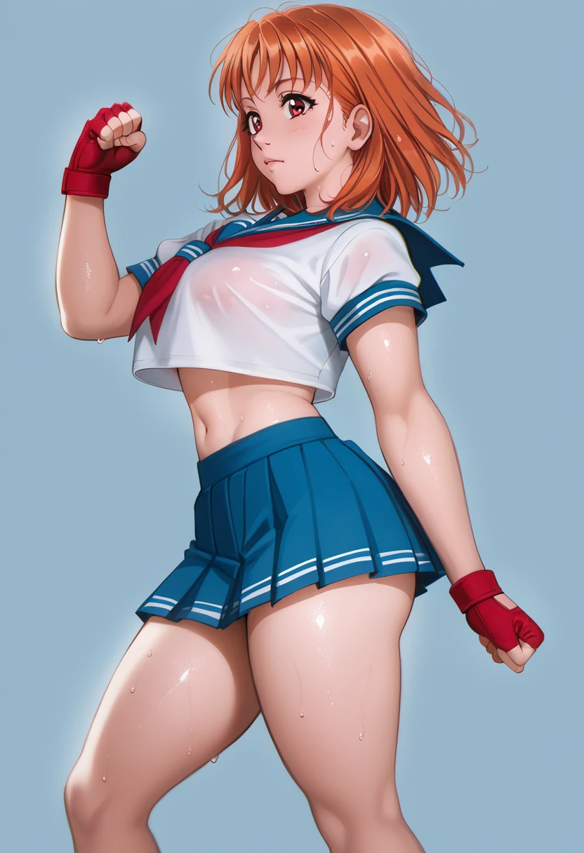 Solo,1girl, takami chika, medium hair, orange hair, red eyes,standing, sporty athletic build, confident pose, big breasts, breasts outlines, score_9, score_8_up, score_7_up, score_6_up,blue skirt, crop top, midriff, miniskirt, navel, sailor , school uniform, short sleeves, skirt, stomach, shirt, white shirt, red fingerless gloves,sweating, detailed body, shiny skin , p4l0m4, web comic,toned thighs, sexy pose, simple background, clenched hands, slightly from side, inguinal fold,hip crease,(NSFW:1.1)