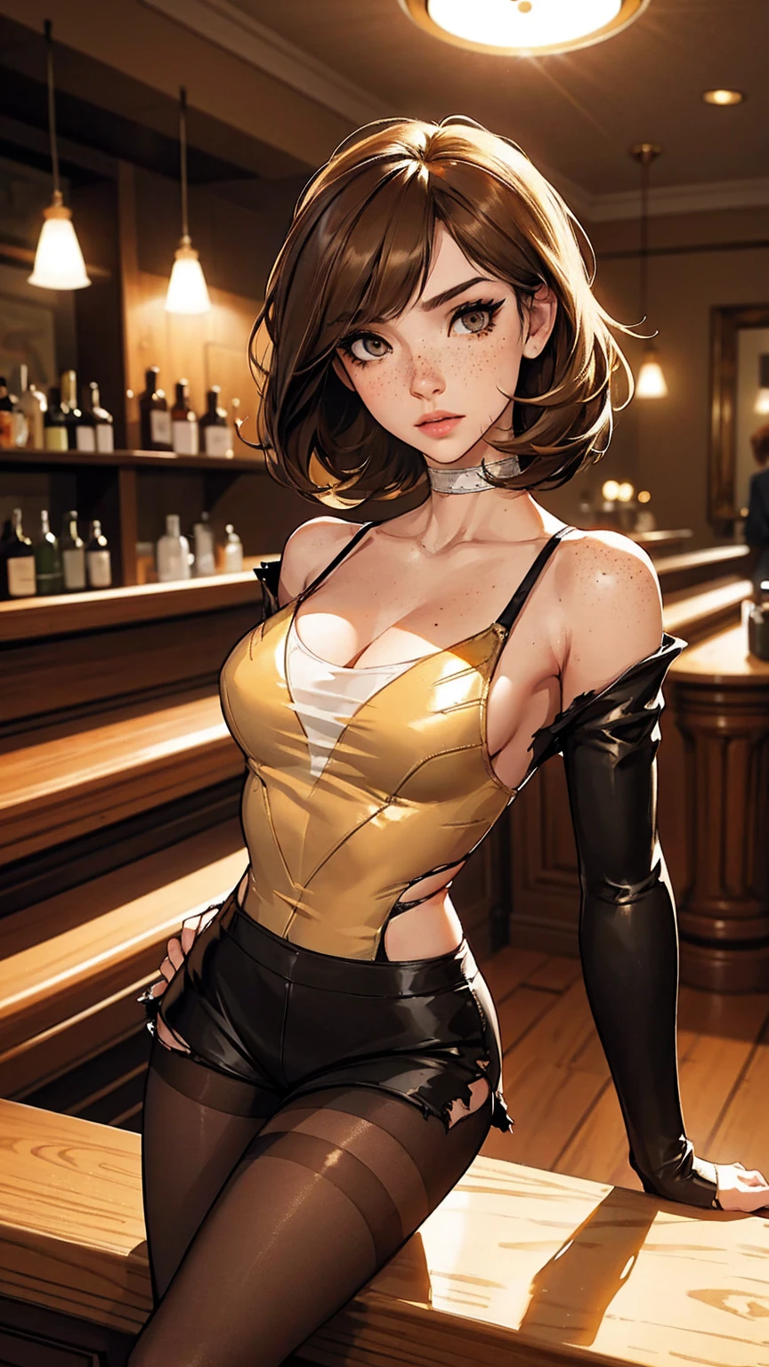 （lifelike， high - resolution：1.3）， 1 girl with a perfect body，slender body, Suprenme face and eyes， blaire ivory, lena anderson, (dark eyelashes, eyeliner), shoulder length  hair, freckles, golden brown  hair with dark roots, shoulder length hair, skinny, petite, saloon girl, saloon bartender, long torso, abdomen, torn pantyhose under short shorts