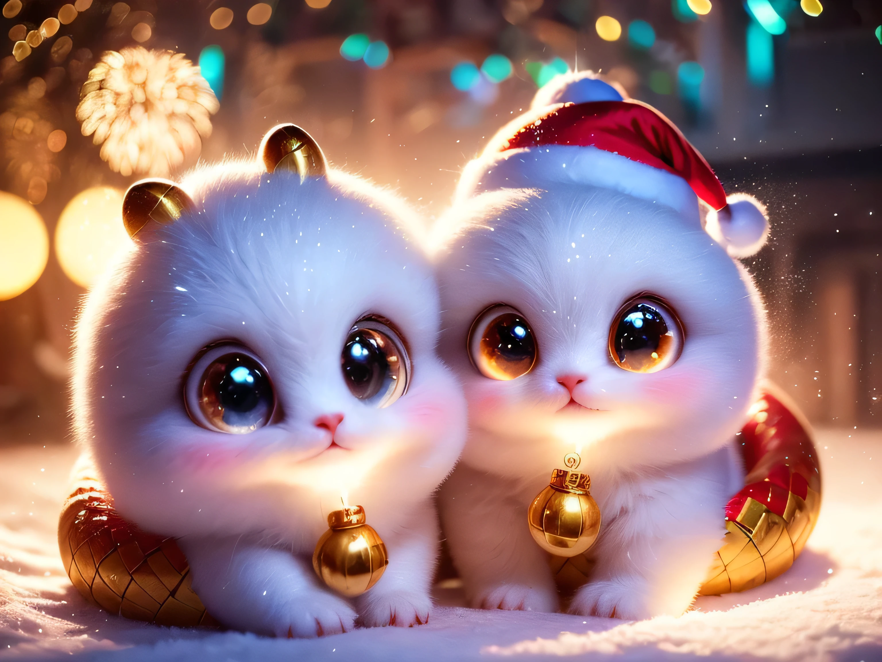 Magical Fantasy Creature, (Best Quality, Masterpiece, Representative Work, Official Art, Professional, Super Detailed, 8k:1.3), (Photorealism:1.2) Hyperrealistic fantasy art. Medium shot. Highly textured, hyperrealistic 3D render, Super Cute, A very cute little snake, curved in an "S" shape, with brightly colored scales. It wears a Santa hat on its head, giving it a playful and festive look. The snake sits on a snowy surface, its head raised, looking with delight at the sparkling fireworks exploding in the Christmas sky. The snake's eyes are large and full of admiration, reflecting the lights of the fireworks. in a bright and cheerful illustration style, with an emphasis on the cute features of the snake. rich and cheerful colors for the scales: a combination of green, red and white. The fireworks should be bright and varied, including gold and silver tones, creating a festive atmosphere. Convey a sense of joy and magic. The snake should look happy and excited, so that the viewer feels the atmosphere of the New Year holiday and magic. The background should be a night sky filled with bright fireworks that sparkle and develop in various shapes. Add snowdrifts and a few decorated Christmas trees to create a cozy and festive atmosphere. Soft focus with a soft volumetric glow. Gouves style artwork, Realism: 1.37, (super fine fantasy art), Masterpiece, high quality design and accurate physics, (super accurate fantasy style)) art, dark fantasy style)), super accurate design and accurate physics), color, depth of field, shadows, ray tracing, (accurate simulation of the interaction of light and materials)], intricate Christmas decorations, glowing garlands, sparkling ornaments, natural light, soft background, photorealistic, sparkling eyes, sharp focus, glowing skin, cute and mischievous look, hint of mischief, dreamy atmosphere, super glossy effect, fine details, soft ambient light, (Backlight: 1.3), (Cinematic: 1.2), intricate details, (ArtStation: 1.3)