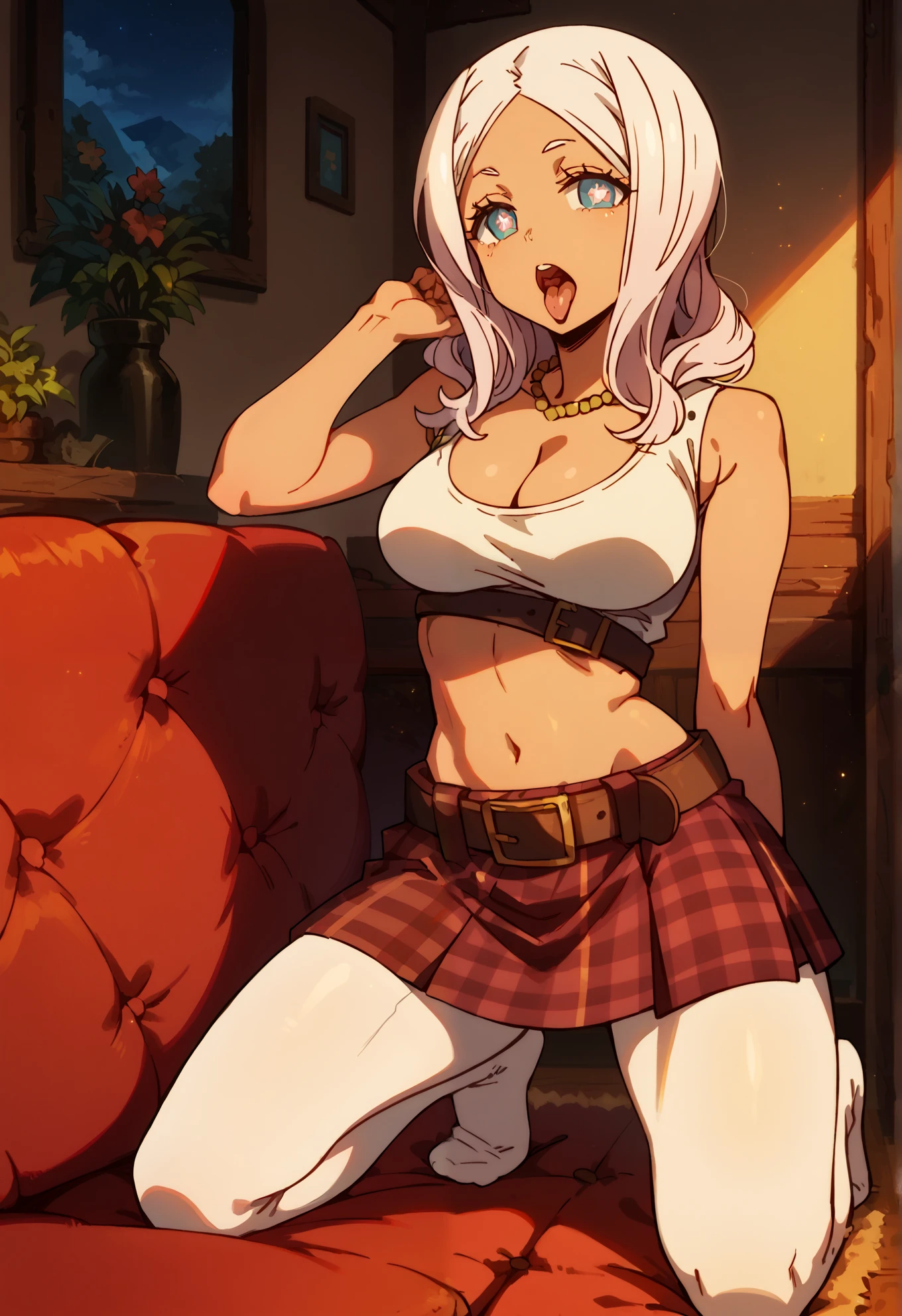 1girl, 4k, Hibana,dark skin,long hair, open mouth, tongue out, dark skin, symbol-shaped pupils, jewelry, naturally sagging large breasts, cleavage, crop top, belt, checkered skirt, white pantyhose, golden star necklace, BREAK, mountain cottage, kneeling on a couch in a living room, sexy pose, BREAK, night time, cinematic lighting,
