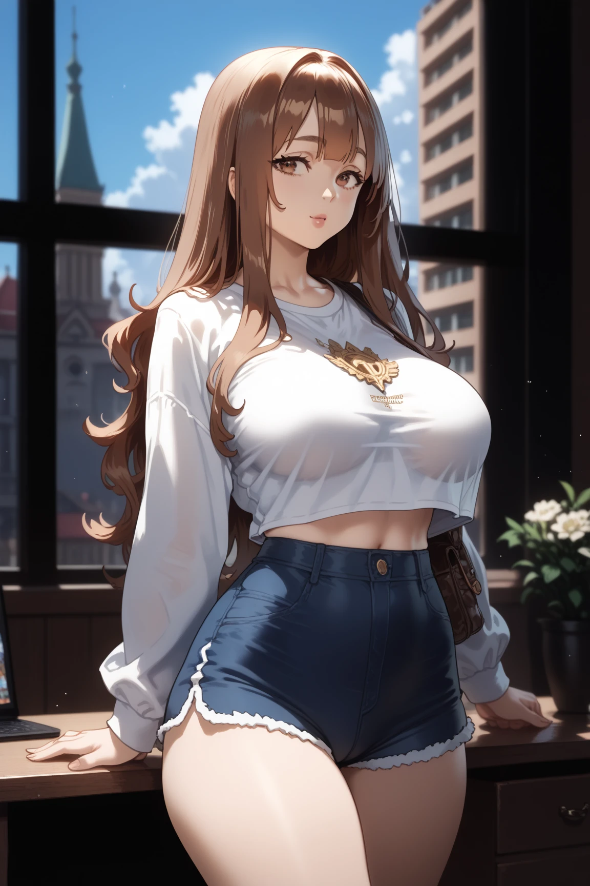 1girl solo,  long brown hair ,  brown eyes, no accessory in the hair , loose hair,  cozy room with large windows that overlook the city  , big breasts small waist and large hips .  that I am wearing shorts and a more or less long shirt, High resolution,  masterpiece,  The best quality, Detail,  high quality, muy detallado, 