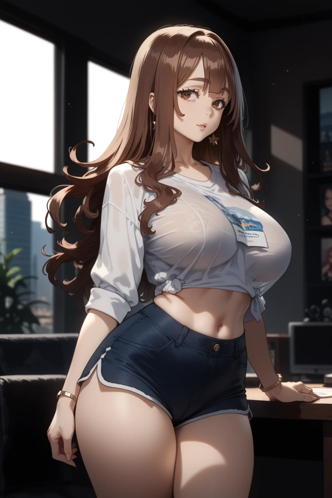 1girl solo,  long brown hair ,  brown eyes, no accessory in the hair , loose hair,  cozy room with large windows that overlook the city  , big breasts small waist and large hips .  that I am wearing shorts and a more or less long shirt, High resolution,  masterpiece,  The best quality, Detail,  high quality, muy detallado, 