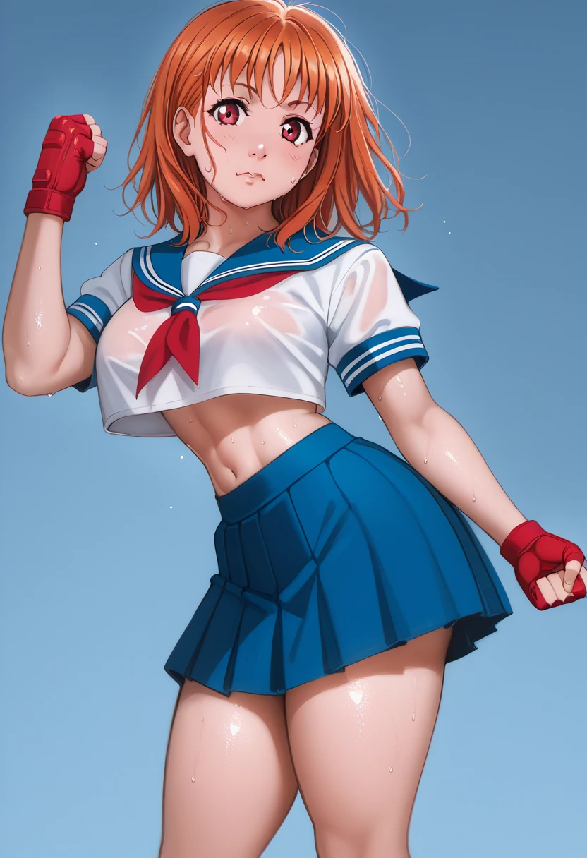 Solo,1girl, takami chika, medium hair, orange hair, red eyes,standing, sporty athletic build, confident pose, big breasts, breasts outlines, score_9, score_8_up, score_7_up, score_6_up,blue skirt, crop top, midriff, miniskirt, navel, sailor , school uniform, short sleeves, skirt, stomach, shirt, white shirt, red fingerless gloves,sweating, detailed body, shiny skin , p4l0m4, web comic,toned thighs, sexy pose, simple background, clenched hands, slightly from side, inguinal fold,hip crease,(NSFW:1.1), looking at viewer