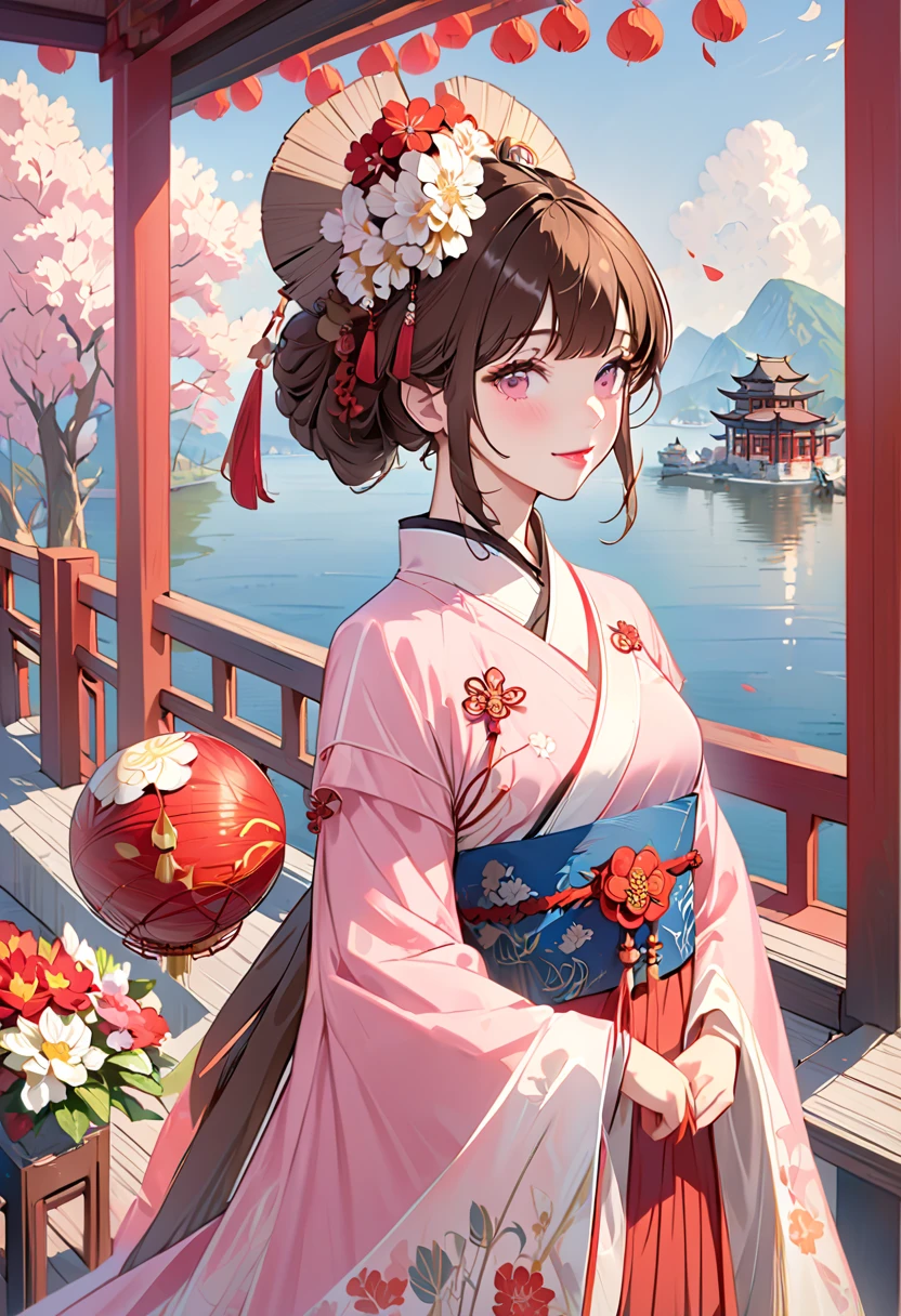 Masterpiece,  best quality ,  Waterfront , banquet,  female 1,  mature woman,  elegant , Chinese style,  ancient China, Sisters, Royal Sisters,  happy ,  Meatball Head ,  light brown hair, pink eye, Gorgeous hat,  light pink lips ,  pink clothes , Thread-like clothing, intellectual, Full Bang,  flat bangs, Flower Ball, Delicate face, Up Hair