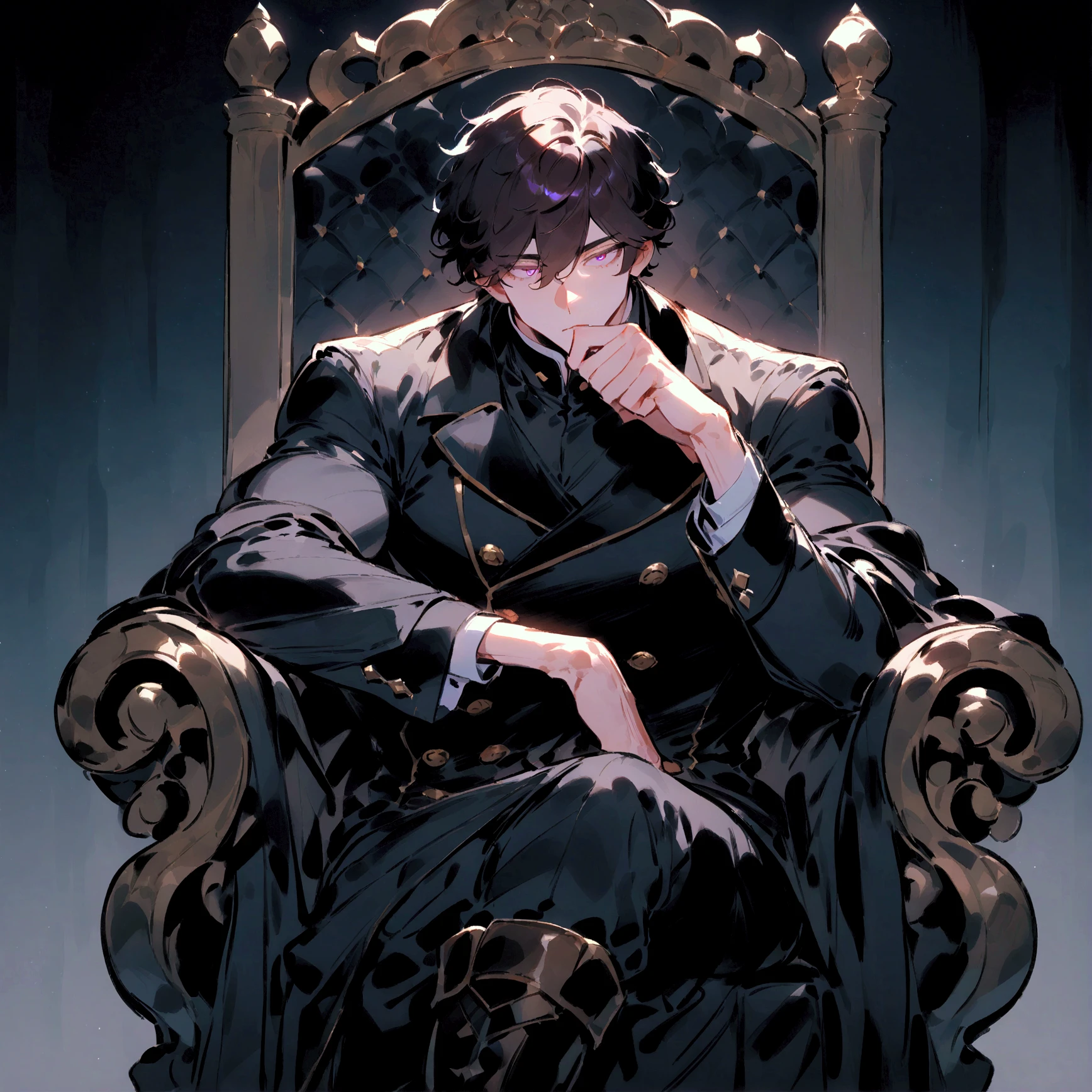 (young man 1,round face, black skin,afro fade haircut),(black jacket,evil,evil smile,horror),Sitting on the throne,highly detailed CG, unit, 8K wallpapers, highest quality, high resolution, beautiful lighting, realistic shadow,detailed face Highly,detailed eyes Highly,detailed hair Highly