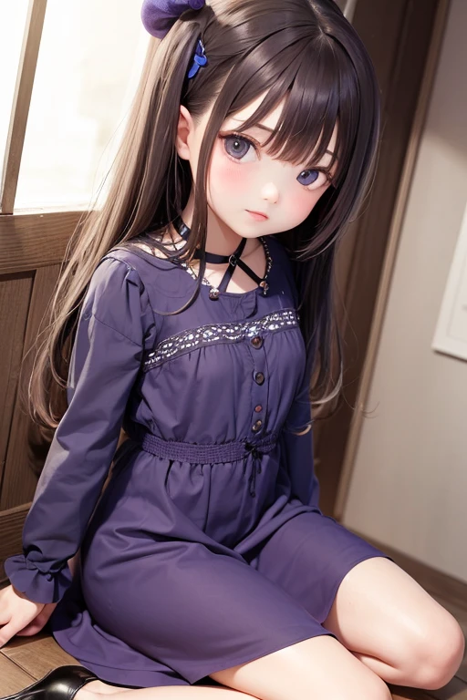 a sad little girl, Sad eyes, I&#39;m about to cry, (Expression of fear), Shy face, A look of horror, 10 years old, actual, (She is wearing loose panties), (city in ruins), Sitting in a shabby old armchair, She wears a protruding, soft underwear, The private parts are completely relaxed, [NFSW,], Face turned to the left, Messy platinum short hair,  Hair tied with a red bow, Detailed face, Freckles, masterpiece,