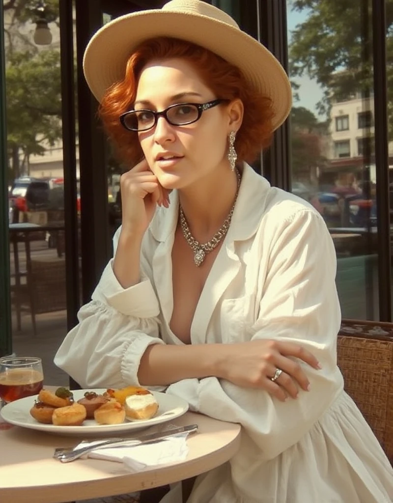 (masterpiece, high resolution, photo-realistic:1.3), elegant redhead woman, (short pixie hair:1.2), wearing (Ray-Ban sunglasses:1.2), flawless and perfectly (smooth skin:1.2), immaculately applied makeup, dressed in (stunning white Dior outfit:1.2), complemented by a stylish (wide-brimmed hat:1.1). Her body is naturally (voluptuous:1.2) and flawless, with a delicate neckline, adorned with a (magnificent matching necklace and earrings:1.2).

She is seated gracefully at a Parisian coffee shop, (basking in the sunlight:1.1), the picture capturing her perfectly. The table before her is filled with an assortment of delectable (culinary delights:1.1). The scene exudes sophistication and charm, offering a glimpse of the quintessential Parisian elegance. 

(Camera model and lens choice can be adjusted based on the specific image: Canon EOS R5:1.2, Canon RF 50mm f/1.2L USM:1.2).