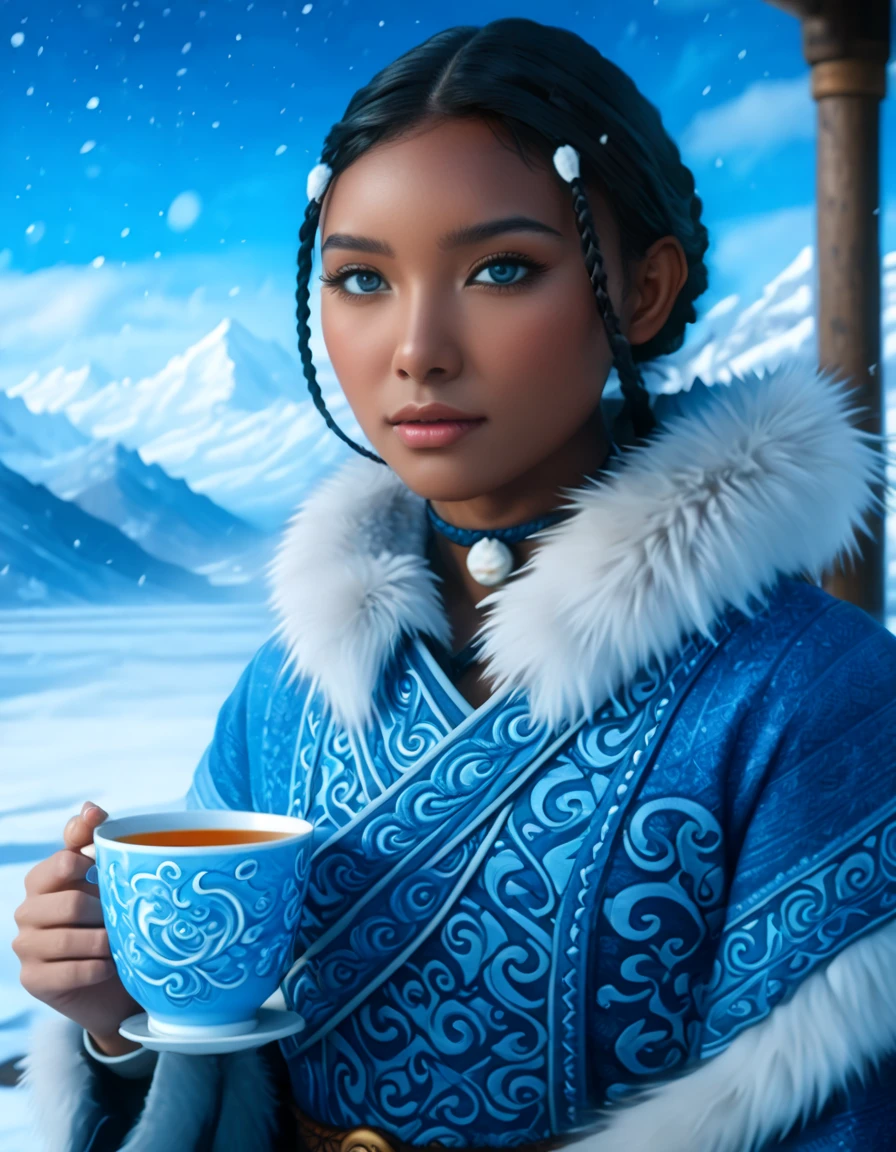 1 woman, (Katara from Avatar: The Last Airbender), hyper-detailed full-body, cinematic lighting, (anime-inspired realism), (waterbender tools: intricately detailed tea cup, waterbending artifacts), ((North Pole home, snow-covered mountains, winter elements, icy weather, snowflakes in the air)), (artwork by Artgerm, hyper-realistic:1.4), (photorealistic details with perfect lighting, lens flare, enhanced texture), (detailed collar, perfectly highlighted in fur and fabric), ((blue eyes:1.4)), (dark skin:1.6), ((almond-shaped eyes, Asian-inspired features with vibrant blue color)), (braids in the front, long braid in the back, flawless hair detail), (oval face, highly detailed, symmetrical facial structure, seductive yet gentle expression), (full peach-shaped breasts, heart-shaped buttocks), ((thick thighs:1.2)), ((large hips, full figure)), (cleavage visible, refined and elegant), (tea ceremony setting, sitting calmly, traditional water tribe decor), (highly detailed snow-covered background:1.2, mountains in the distance, frosty windows), (masterpiece artwork:1.4), (high-definition quality, realistic textures, stunning details in clothing and accessories), (perfect body symmetry and anatomy, perfect fingers, hands, feet, legs, fully detailed), (cinematic 3-point lighting setup, amazing color contrast), (close-up full-body:1.2, realistic depth of field, soft bokeh), (wide-angle camera angle, 24mm lens, excellent composition), (tribal Water Tribe attire, fur-lined dress with intricate patterns), (perfect focus, excellent rendering).