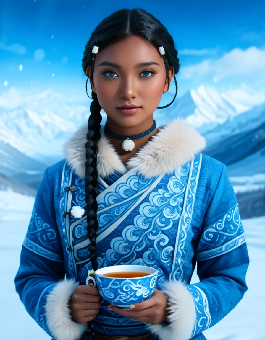 1 woman, (Katara from Avatar: The Last Airbender), hyper-detailed full-body, cinematic lighting, (anime-inspired realism), (waterbender tools: intricately detailed tea cup, waterbending artifacts), ((North Pole home, snow-covered mountains, winter elements, icy weather, snowflakes in the air)), (artwork by Artgerm, hyper-realistic:1.4), (photorealistic details with perfect lighting, lens flare, enhanced texture), (detailed collar, perfectly highlighted in fur and fabric), ((blue eyes:1.4)), (dark skin:1.6), ((almond-shaped eyes, Asian-inspired features with vibrant blue color)), (braids in the front, long braid in the back, flawless hair detail), (oval face, highly detailed, symmetrical facial structure, seductive yet gentle expression), (full peach-shaped breasts, heart-shaped buttocks), ((thick thighs:1.2)), ((large hips, full figure)), (cleavage visible, refined and elegant), (tea ceremony setting, sitting calmly, traditional water tribe decor), (highly detailed snow-covered background:1.2, mountains in the distance, frosty windows), (masterpiece artwork:1.4), (high-definition quality, realistic textures, stunning details in clothing and accessories), (perfect body symmetry and anatomy, perfect fingers, hands, feet, legs, fully detailed), (cinematic 3-point lighting setup, amazing color contrast), (close-up full-body:1.2, realistic depth of field, soft bokeh), (wide-angle camera angle, 24mm lens, excellent composition), (tribal Water Tribe attire, fur-lined dress with intricate patterns), (perfect focus, excellent rendering).