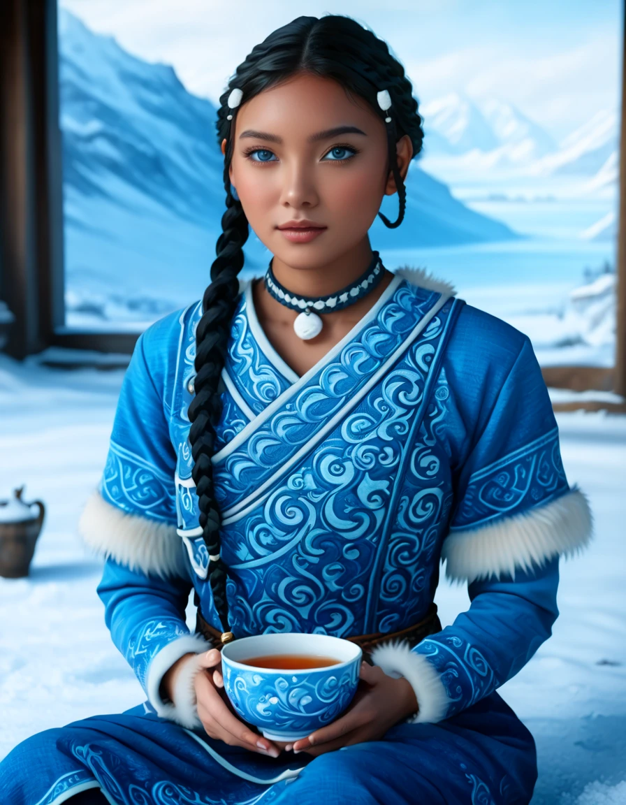 1 woman, (Katara from Avatar: The Last Airbender), hyper-detailed full-body, cinematic lighting, (anime-inspired realism), (waterbender tools: intricately detailed tea cup, waterbending artifacts), ((North Pole home, snow-covered mountains, winter elements, icy weather, snowflakes in the air)), (artwork by Artgerm, hyper-realistic:1.4), (photorealistic details with perfect lighting, lens flare, enhanced texture), (detailed collar, perfectly highlighted in fur and fabric), ((blue eyes:1.4)), (dark skin:1.6), ((almond-shaped eyes, Asian-inspired features with vibrant blue color)), (braids in the front, long braid in the back, flawless hair detail), (oval face, highly detailed, symmetrical facial structure, seductive yet gentle expression), (full peach-shaped breasts, heart-shaped buttocks), ((thick thighs:1.2)), ((large hips, full figure)), (cleavage visible, refined and elegant), (tea ceremony setting, sitting calmly, traditional water tribe decor), (highly detailed snow-covered background:1.2, mountains in the distance, frosty windows), (masterpiece artwork:1.4), (high-definition quality, realistic textures, stunning details in clothing and accessories), (perfect body symmetry and anatomy, perfect fingers, hands, feet, legs, fully detailed), (cinematic 3-point lighting setup, amazing color contrast), (close-up full-body:1.2, realistic depth of field, soft bokeh), (wide-angle camera angle, 24mm lens, excellent composition), (tribal Water Tribe attire, fur-lined dress with intricate patterns), (perfect focus, excellent rendering).