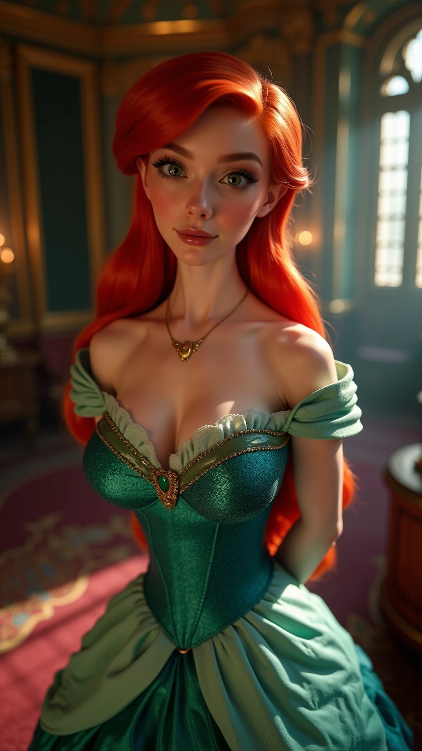 une femme de 25 ans, rousse, sexy, romantic smile, HD, 8k, masterpiece, a lot of details, la Joconde, Mona Lisa, posant, atelier de peinture, peinture sur les murs