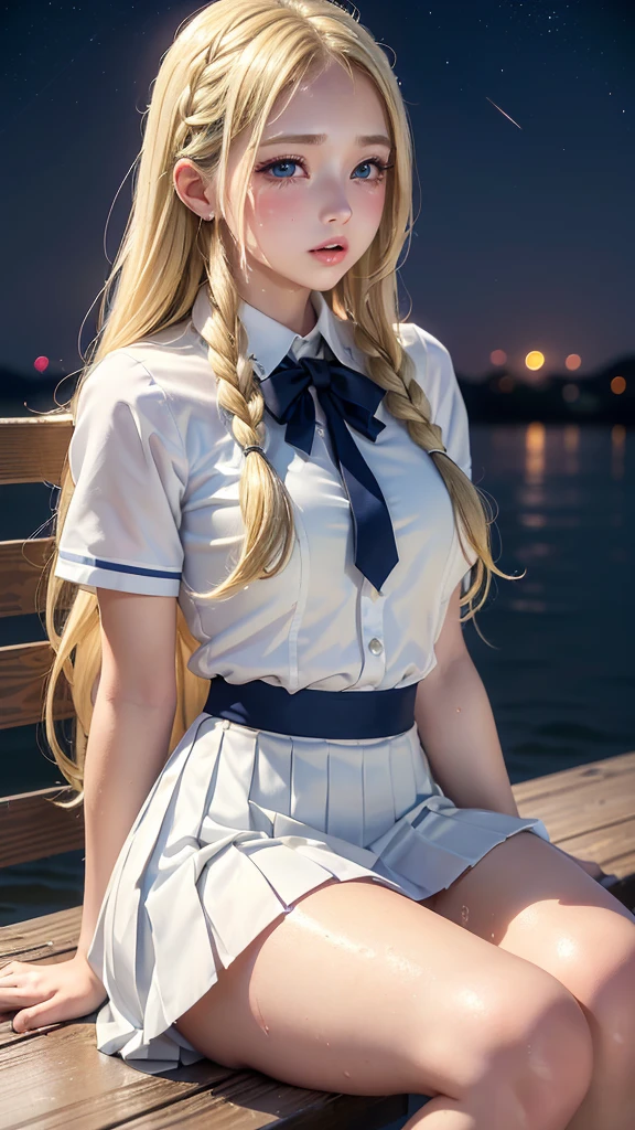 ((masterpiece,Highest quality, High resolution)), One girl, alone, Green Eyes, Long blonde hair tied with a blue ribbon, Blunt bangs, Sitting, Arms folded on the table, Sleep arm in arm, , White Seraphim, Red Sailor Collar, Short sleeve, White pleated skirt, (In the library), Dramatic Light, Next to the window, afternoon light through the window, afternoon, Bokeh effect