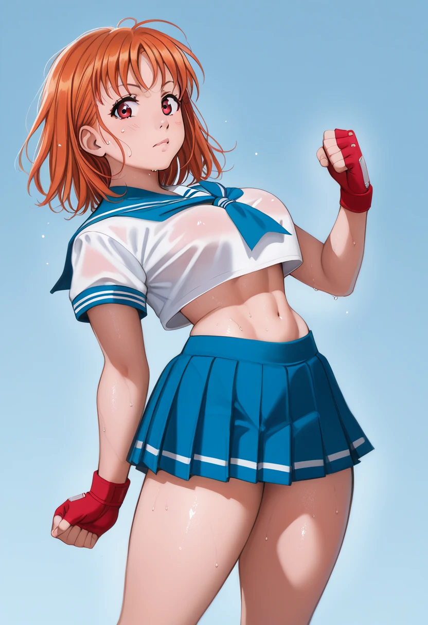 Solo,1girl, takami chika, medium hair, orange hair, red eyes,standing, sporty athletic build, confident pose, big breasts, breasts outlines, score_9, score_8_up, score_7_up, score_6_up,blue skirt, crop top, midriff, miniskirt, navel, sailor , school uniform, short sleeves, skirt, stomach, shirt, white shirt, red fingerless gloves,sweating, detailed body, shiny skin , p4l0m4, web comic,toned thighs, sexy pose, simple background, clenched hands, slightly from side, inguinal fold,hip crease,(NSFW:1.1), looking at viewer