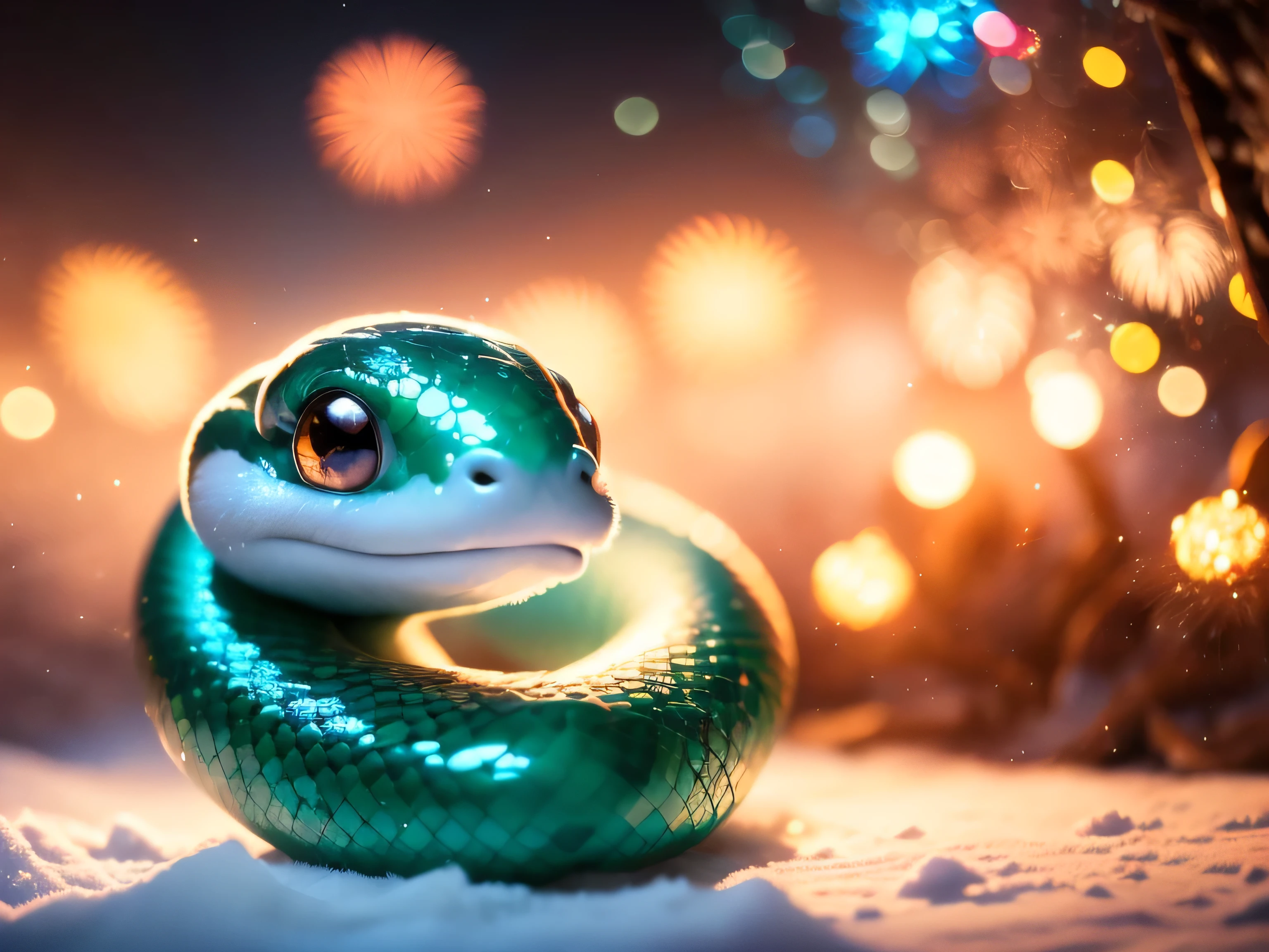 Magical Fantasy Creature, (Best Quality, Masterpiece, Representative Work, Official Art, Professional, Super Detailed, 8k:1.3), (Photorealism:1.2) Hyperrealistic fantasy art. Medium shot. Highly textured, hyperrealistic 3D render, Super Cute, A very cute little snake, curved in an "S" shape, with brightly colored scales. It wears a Santa hat on its head, giving it a playful and festive look. The snake sits on a snowy surface, its head raised, looking with delight at the sparkling fireworks exploding in the Christmas sky. The snake's eyes are large and full of admiration, reflecting the lights of the fireworks. in a bright and cheerful illustration style, with an emphasis on the cute features of the snake. rich and cheerful colors for the scales: a combination of green, red and white. The fireworks should be bright and varied, including gold and silver tones, creating a festive atmosphere. Convey a sense of joy and magic. The snake should look happy and excited, so that the viewer feels the atmosphere of the New Year holiday and magic. The background should be a night sky filled with bright fireworks that sparkle and develop in various shapes. Add snowdrifts and a few decorated Christmas trees to create a cozy and festive atmosphere. Soft focus with a soft volumetric glow. Gouves style artwork, Realism: 1.37, (super fine fantasy art), Masterpiece, high quality design and accurate physics, (super accurate fantasy style)) art, dark fantasy style)), super accurate design and accurate physics), color, depth of field, shadows, ray tracing, (accurate simulation of the interaction of light and materials)], intricate Christmas decorations, glowing garlands, sparkling ornaments, natural light, soft background, photorealistic, sparkling eyes, sharp focus, glowing skin, cute and mischievous look, hint of mischief, dreamy atmosphere, super glossy effect, fine details, soft ambient light, (Backlight: 1.3), (Cinematic: 1.2), intricate details, (ArtStation: 1.3)