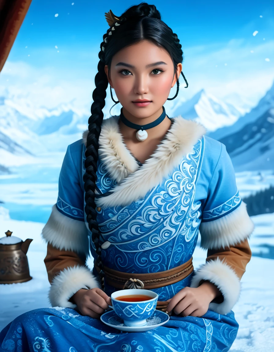 1 woman, (Katara from Avatar: The Last Airbender), (hyper-detailed full-body), cinematic lighting, (anime-inspired realism), (waterbender tools: intricately detailed tea cup, waterbending artifacts), ((North Pole home, snow-covered mountains, winter elements, icy weather, snowflakes in the air)), (artwork by Artgerm, hyper-realistic:1.4), (photorealistic details with perfect lighting, lens flare, enhanced texture), (detailed collar, perfectly highlighted in fur and fabric), ((blue eyes:0.6)), (dark skin with high contrast lighting), ((almond-shaped eyes, Asian-inspired features with vibrant blue color)), (braids in the front, long braid in the back, flawless hair detail), (oval face, highly detailed, symmetrical facial structure, seductive yet gentle expression), (full-body), (full peach-shaped breasts, heart-shaped buttocks), ((thick thighs:1.2)), ((large hips, full figure)), (cleavage visible, refined and elegant), (tea ceremony setting, sitting calmly, traditional water tribe decor), (highly detailed snow-covered background:1.2, mountains in the distance, frosty windows), (masterpiece artwork:1.4), (high-definition quality, realistic textures, stunning details in clothing and accessories), (perfect body symmetry and anatomy, perfect fingers, hands, feet, legs, fully detailed), (cinematic 3-point lighting setup, amazing color contrast), (realistic depth of field, soft bokeh), (wide-angle camera angle, 24mm lens, excellent composition), (tribal Water Tribe attire, fur-lined dress with intricate patterns), (perfect focus, excellent rendering).