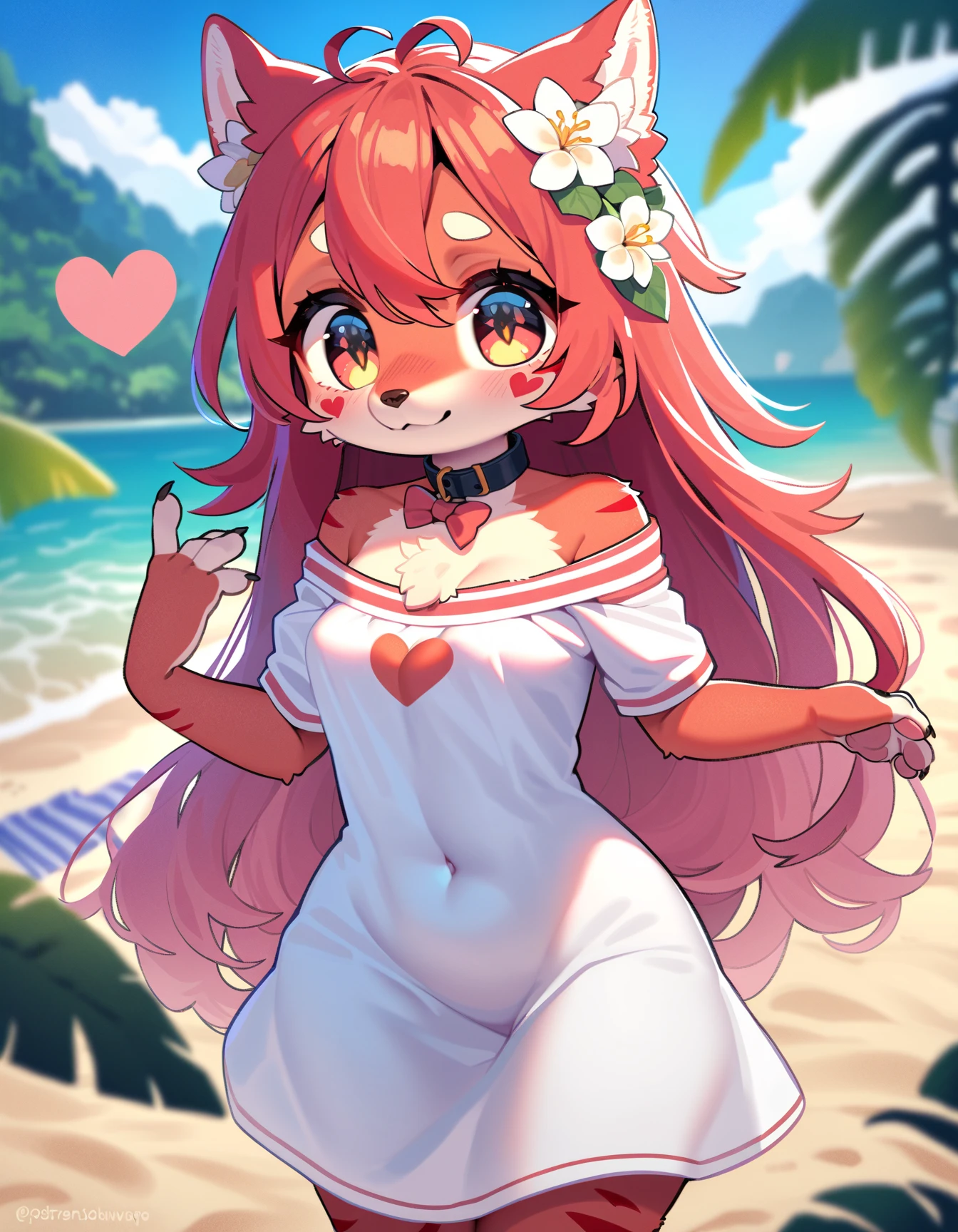 aalii slime girl whom is vivid red and red-pink with splashes of white and dressed in Hawaiian-like leaf outfit in a tropical forest in whimsical art style