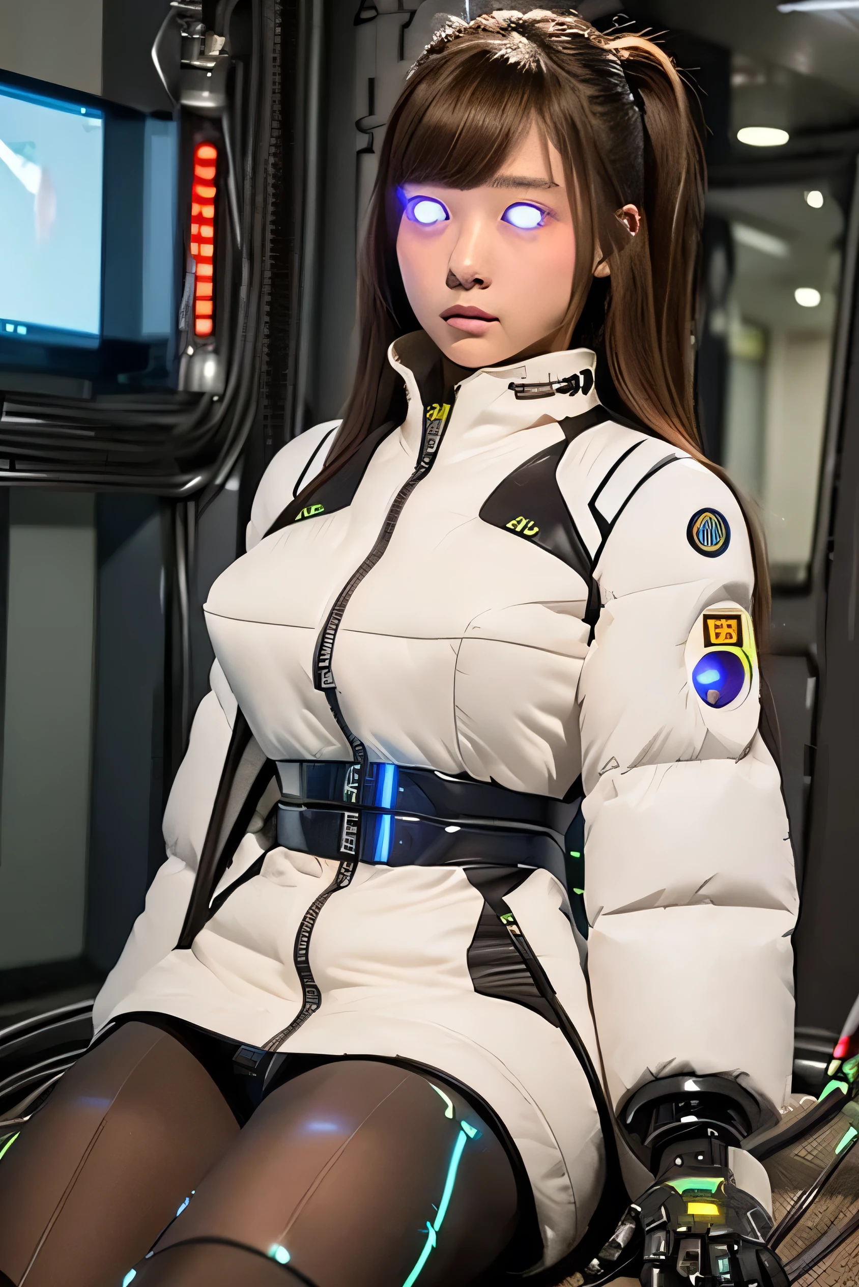 masterpiece, best quality, extremely detailed,front view,japaese android girl,control panels,android,Droid,Mechanical Hand,Robot arms and legs,down jacket,long hair,brown hair,long tube,thick cable connected her neck,shirome,(Glowing Eyes Meme:1.2)