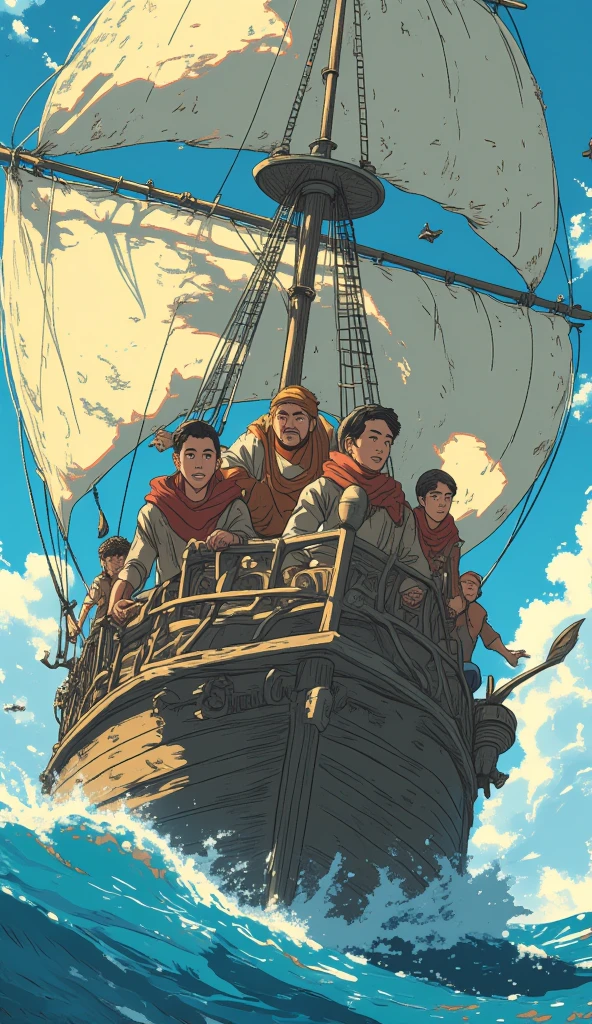 brave sailors .Ghibli style anime, Hand drawn