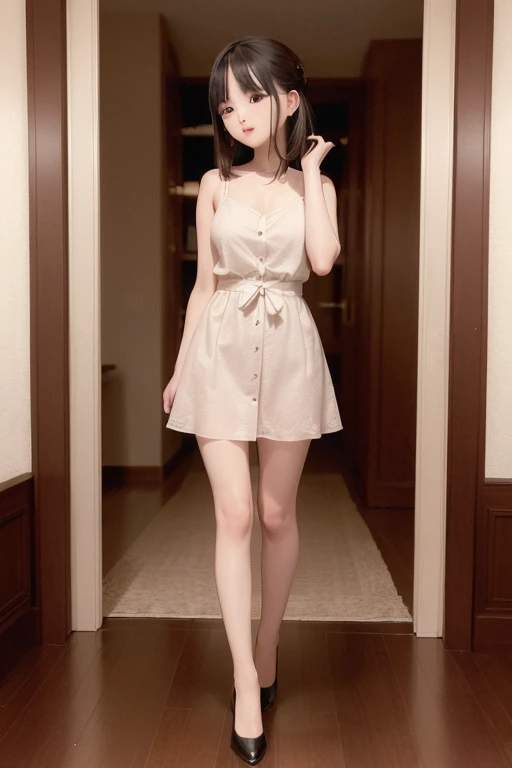 slim figure, camisole, full body, single girl, small bust, photo, realistic, best quality, adopted, detailed face, business hotel room window, building from window, detailed background, diffused sunlight, depth of field, bokeh