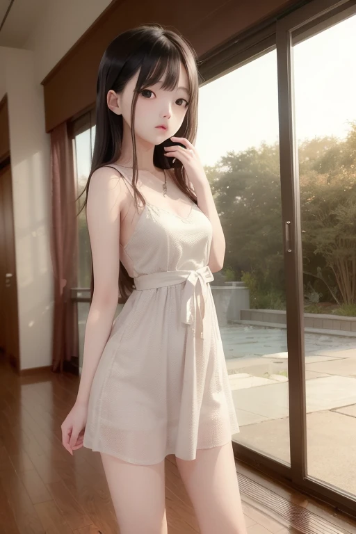 ((Small developing breasts:1.2, Chest flickering:1.3)), (15 years old, high school girl, beautiful girl, Baby Face:1.4), beautiful medium hair, Hair behind the shoulders, Slender body line, Small and slender figure, (Beautiful thighs and legs:1.2), (((Small breasts are justice))), Positive, (Idol Face), ((Detailed eyes and face:1.2 Professional photography techniques, Cinema Lighting)), ((Neat Chinese dress:1.3)), (Highest quality, Highest quality, Ultra high definition, Masterpiece), (Reality:1.38), Gaze at the viewer, (Cute expression:1.4, Cute pose:1.2, blush:1.2), ((Standing in the fantastical passage of the aquarium)),