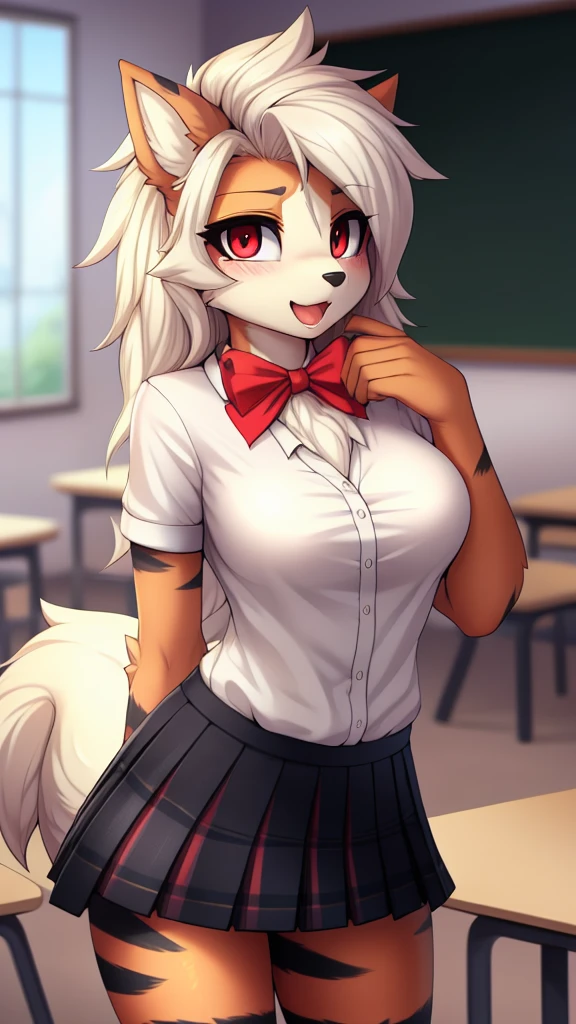 score_9, score_8_up, score_7_up, score_6_up, score_5_up, score_4_up, (solo), female anthro hyena,  pleated skirt, red skirt, thighhighs, loafers, long sleeves, , red necktie, zettai ryouiki, suspenders, black vest, lusty, fluffy body, long blond hair, black eyes, (thick thighs:1.5)((( offering the breasts)))  ( she is sitting) (barely_visible_booba) , giant breasts, 