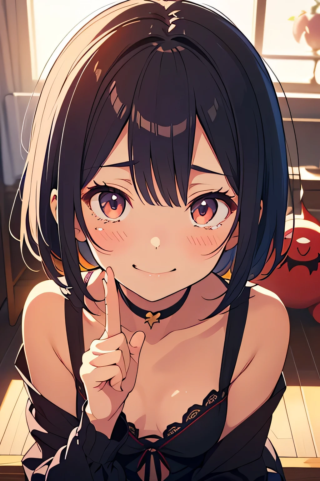 from above,face focus,open mouth,tongue out,cum on tongue,Hands under the chin,finger to mouth,lick,(1girl,Beautiful 16 year old girl),((Slender,Baby Face,Small face)),looking at viewer,looking ahead,look up,Black Hair,two side up,Gray Eyes,Drooping eyes,slit pupils,narrow eyes,Sexy off-the-shoulder,Beautiful and detailed anime art,Mischievous smile,Dimly lit room,Simple Background,Gray background,Low lighting