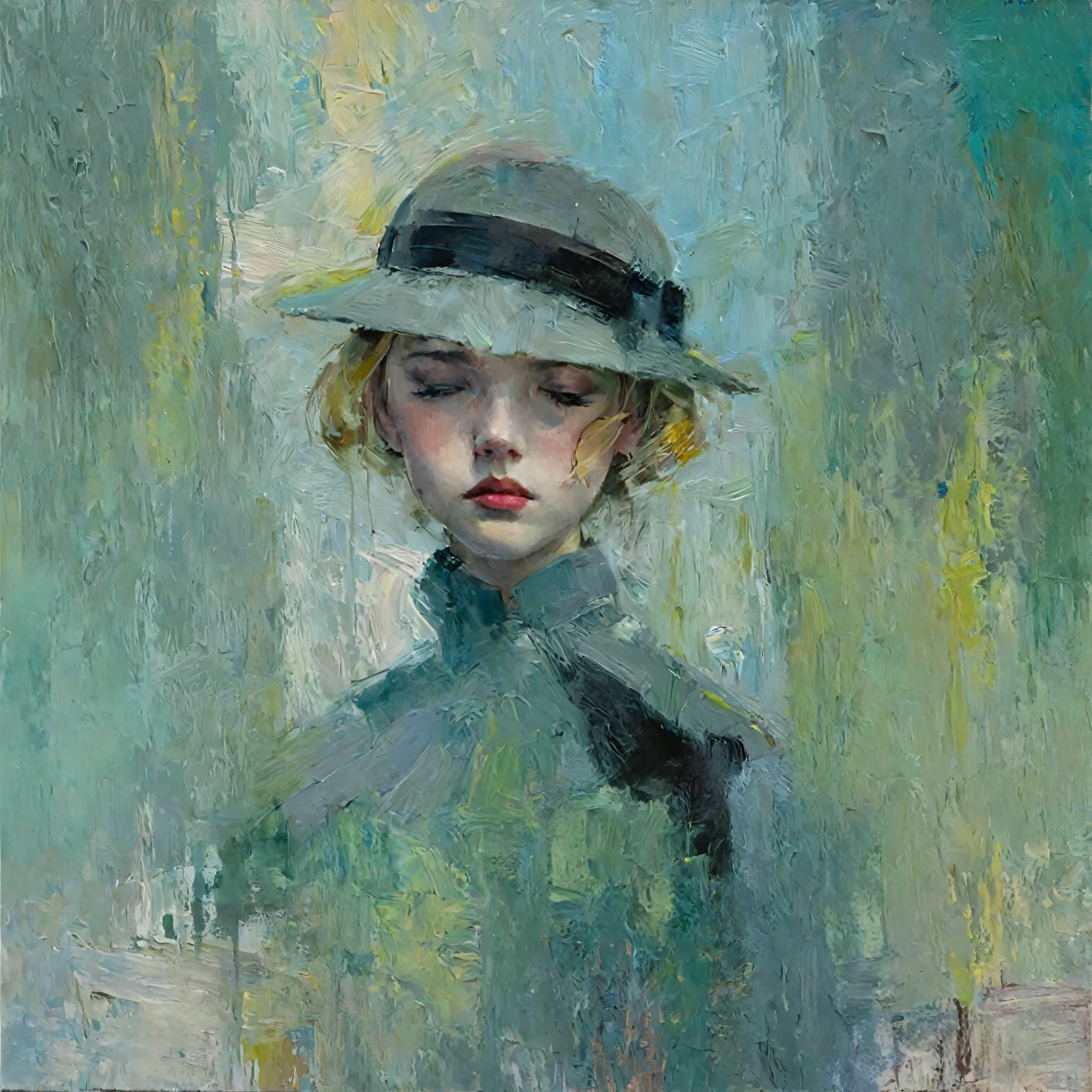 Create an evocative oil painting inspired by Malcolm Liepke, based on the provided image. Capture the intense, introspective expression of the young subject using thick, expressive brushstrokes and a muted color palette. Highlight the emotional depth and vulnerability in the subject's gaze, emphasizing the play of light and shadow on their face. Maintain a simple, textured background that complements the subject's contemplative presence. Focus on the tactile quality of the oil paint to convey the raw emotion and intimacy characteristic of Liepke's style. After applying thick paint, use a dry brush to drag over the surface lightly. This technique can create interesting textures by revealing the underlayers.