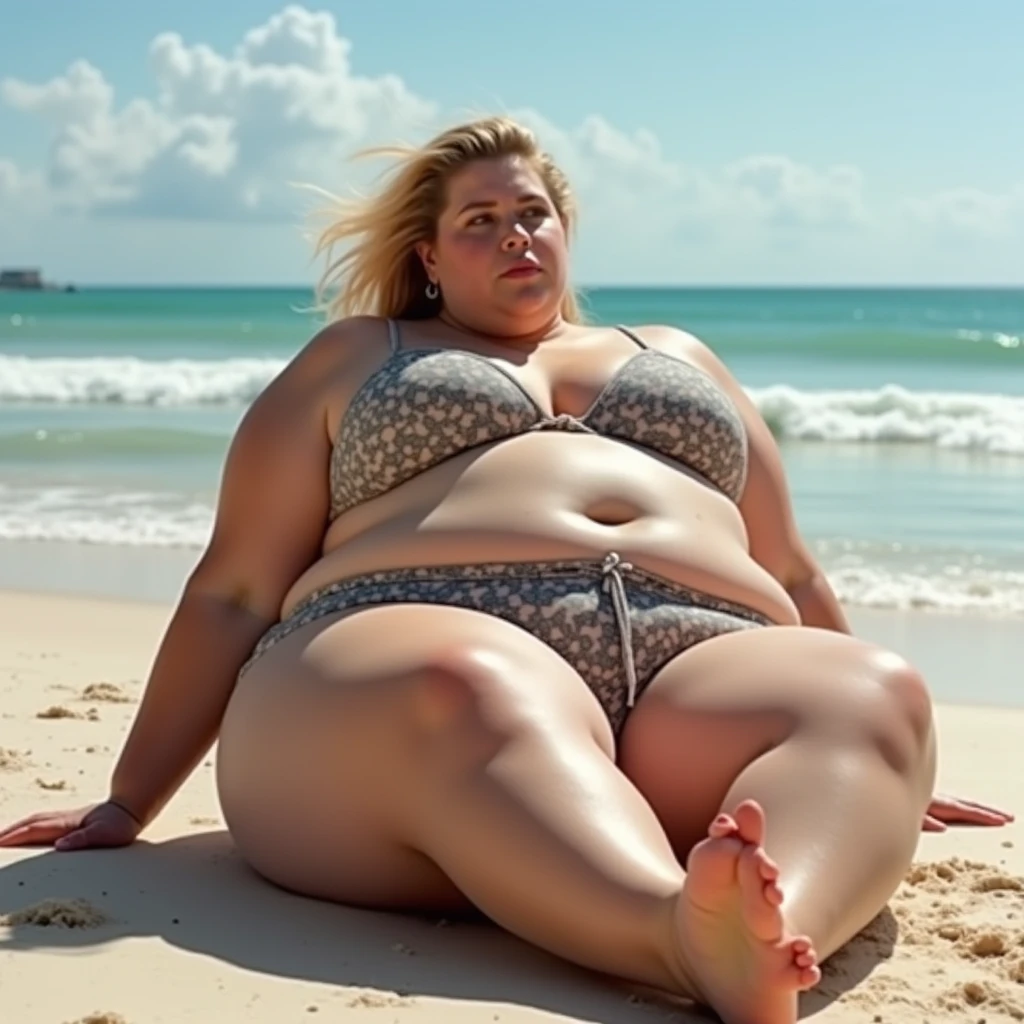 extremely detailed, high quality, realistic, photorealistic, 8k, masterpiece, full body, glowing skin, beautiful face, mature woman, high cut microbikini, extreme thin bikini, too small bikini, too big woman for tiny bikini, teardrop bikini, open legs, over 50 short blonde hair, lot of freckle on her whole body, freckle everywhere, glasses, extreme obese, sensual pose, extreme huge belly, bellyrolls, huge thighs, sweaty, cellulite, ssbbw, ussbbw, extreme cellulite, cream on body, stretchmarks, gigantic saggy bottom, huge flat ass, cameltoe