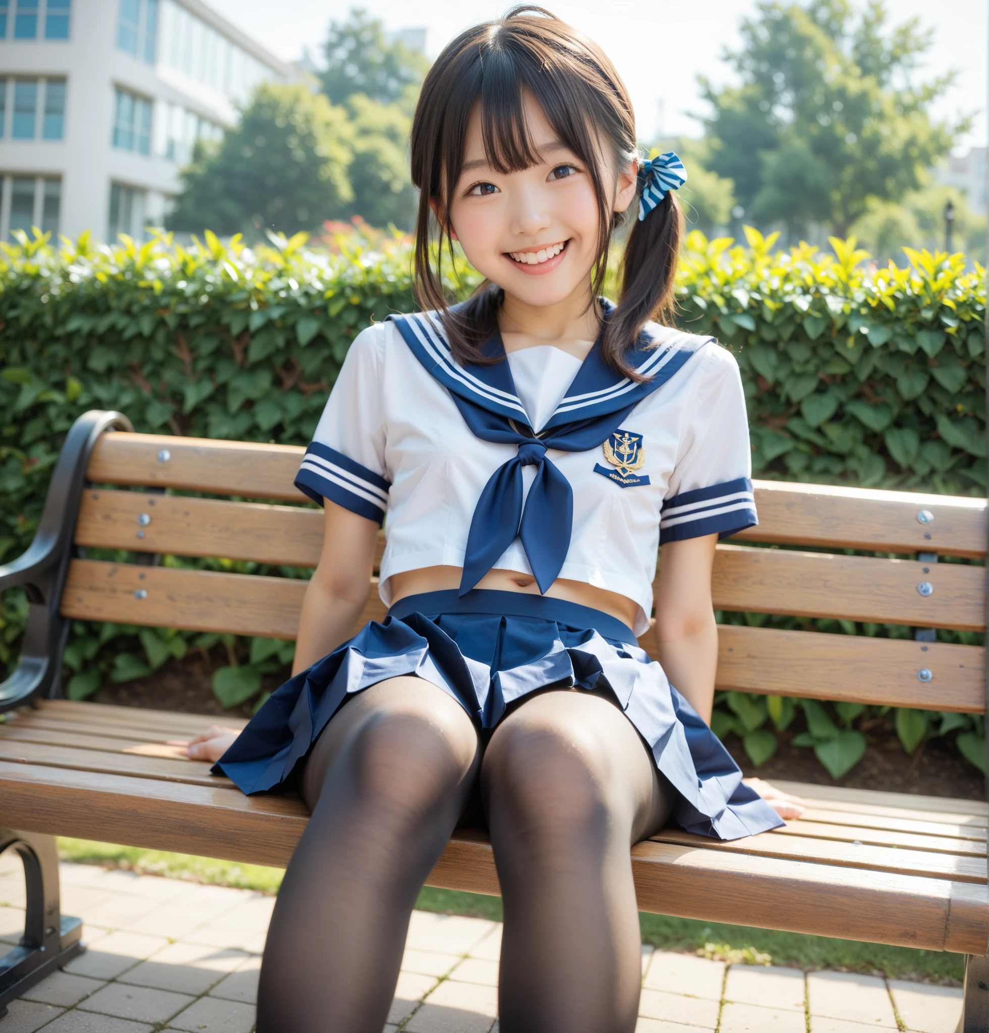  Sailor Suit Cosplay , navy skirt ,university student,First-year students,cute girl,masterpiece,4K,8k,16k,160 denier black tights , raise your knees and spread your legs :1.5,Hair ties, sit on a park bench, happy face , taken from below 