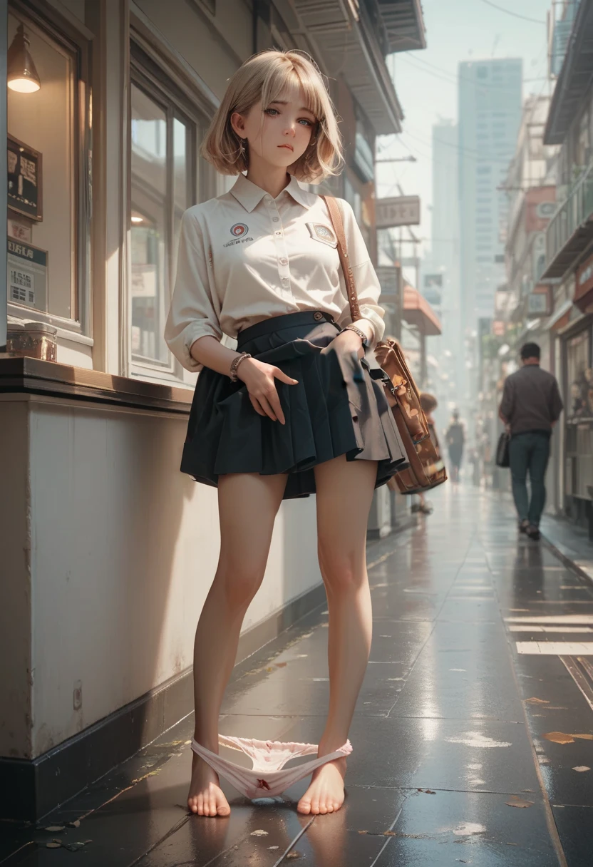 (super hyper greater realism truly real full body: 1.5), (beautiful 18 year old French girl), backpack on her back, (reading a book), (loose sweater falling on her shoulders open neckline exposed shoulders, pleated mini skirt in colors, short white socks with ruffles, shiny black high heel shoes: 1.2), (blonde short bobbed hair, bow on the side of her hair), side body at the bus stop waiting for school transport, (standing dynamic pose leaning against the bus stop), the most beautiful student in town, long legs shapely thighs, oily thighs with freckles and moles, red lipstick, mouth half open. (she is surprised, curious looking sideways, watching curiously), (home lighting, light and dark sun rays, shadows)