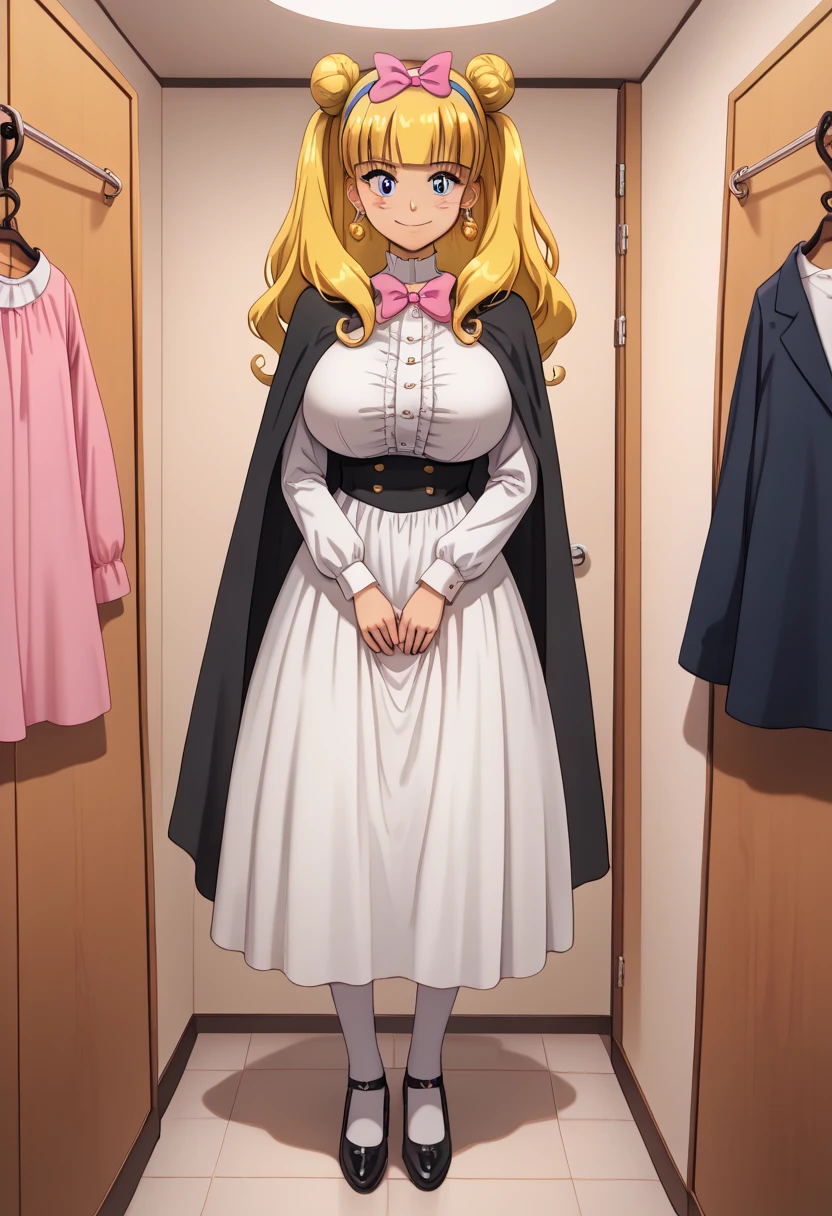 gran calidad ++ Extremely detailed high resolusionolution, very aesthetic, ojos expresivos, (((Cara perfecta))), (((face symmetrical))), ((((good anatomy)))), (((8k))), UHD, Fondo de pantalla HD, (((alta calidra detallada, (((((1girl)))))), solamente, Obra maestra, La mejor calidad, high resolusion, Altamente detallado, ((((illustration)))), hermosos ojos detallados, (((combatant))), ((((fullbody)))), (((ashley ketchum))), (((waking up))), (((huge breasts))), (((blonde hair))), (((double bun twintail))), (((long hair))), (((blue eyes))), (((large golden earrings))),(((dark blue hairband))), ((((pink ribbon)))), (((large gold earrings in the shape of coins))), (((a white woven high neck virgin dress, underneath a long black cape with yellow bottom))), (((long white sleeves that reached just to the elbows))), (((long white thigh-high stockings))), (((a pair of black Booties with buckles and yellow soles))), (((He had two yellow circles painted on his cheeks))), (("colour" theme))), (((happy))), (((smile))), (((wldrr))), (((scenery))), (((wardrobe))), (((walk-in closet))), (((clothes hanger))),