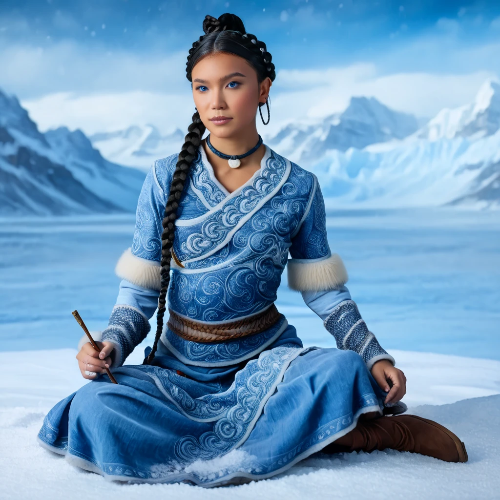 (photorealistic full-body:1.4), (masterpiece:1.3), 1girl, Katara, Water Tribe member, (perfect anatomical details:1.3), sitting pose, tea ceremony, North Pole setting, (realistic skin texture:1.2), dark complexion, traditional Water Tribe fur dress, (detailed fabric folds:1.2), (braided hairstyle:1.2), (hair loops:1.3), (expressive blue eyes:1.3), Asian facial features, defined cheekbones, (natural makeup:0.8), (atmospheric lighting:1.3), snow covered mountains, ice palace background, (water bending visual effects:1.2), professional photography, cinematic composition, bokeh, dramatic lighting, hyperdetailed, 8k resolution