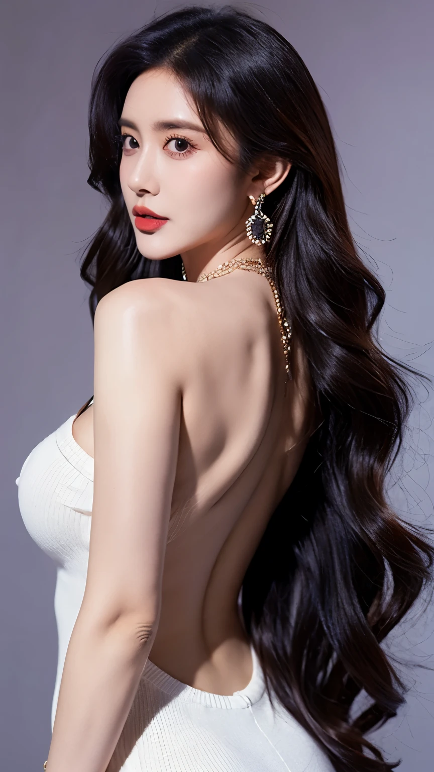 Ultra HD resolution,earrings,Long hair,Black background,Purple backless dress,necklace,H Cup,Showing cleavage,Show more breasts,Amazing breast size,nipple,Expose the areola,Breast enlargement,Smooth and beautiful back,Completely bare back,Cool white skin,Big buttocks,Messy hair,Messy hair,Ruddy complexion,sweater