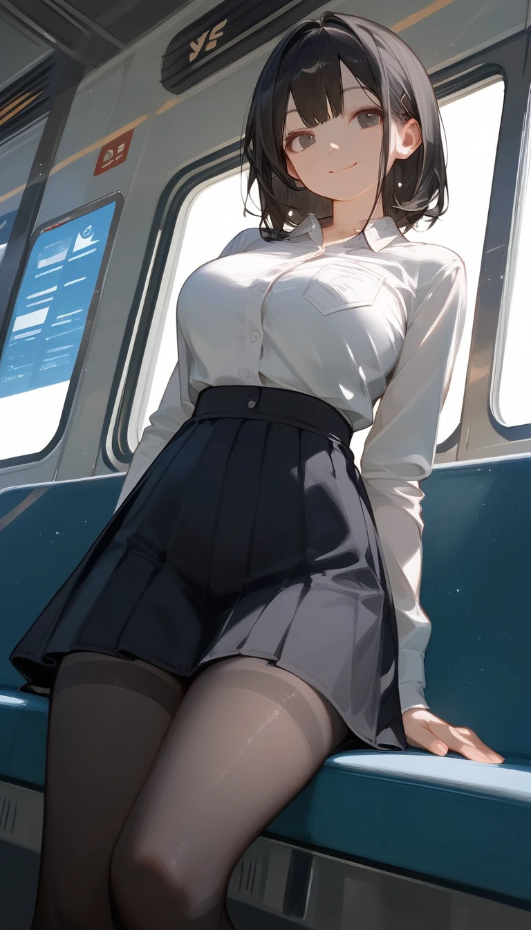 Cute woman sleeping while sitting on train seat Skirt flipped up and underwear Sheer nipples Spread your legs apart