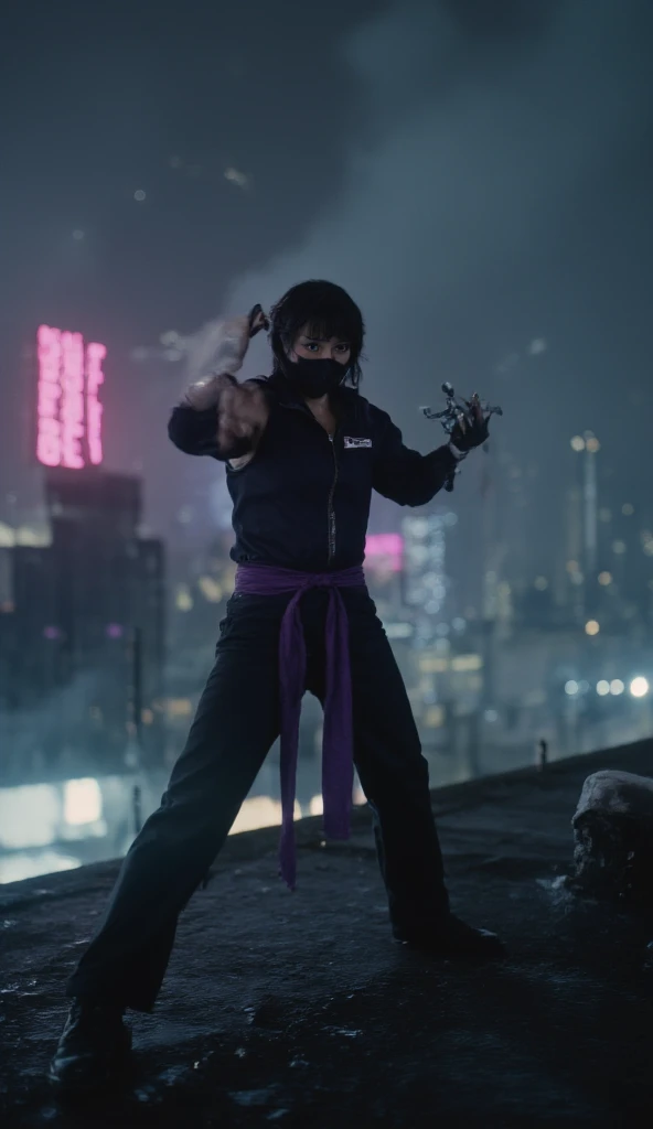 (best quality, 128k,highres,masterpiece:1.2),ultra-detailed,(realistic,photorealistic,photo-realistic:1.37), ((masterpiece)) ((photography)) ((Highest quality))  A hyper-realistic depiction of Ibuki from Street Fighter in a dramatic urban rooftop setting at night. Ibuki wears a black and purple ninja outfit, with a mask covering her mouth and nose, leaving her eyes fierce and focused. Her short, tousled hair frames her face, adding a sense of wildness to her appearance. She strikes a dynamic, ready-for-action pose, one hand gripping a kunai while the other holds a throwing star poised for attack. The rooftop is dimly lit by the glow of neon signs in the city below, with mist swirling around her feet. The background is a modern cityscape, with towering buildings and faint light filtering through the mist. Her stance is agile and ready to leap into action, reflecting her fierce and tactical nature.