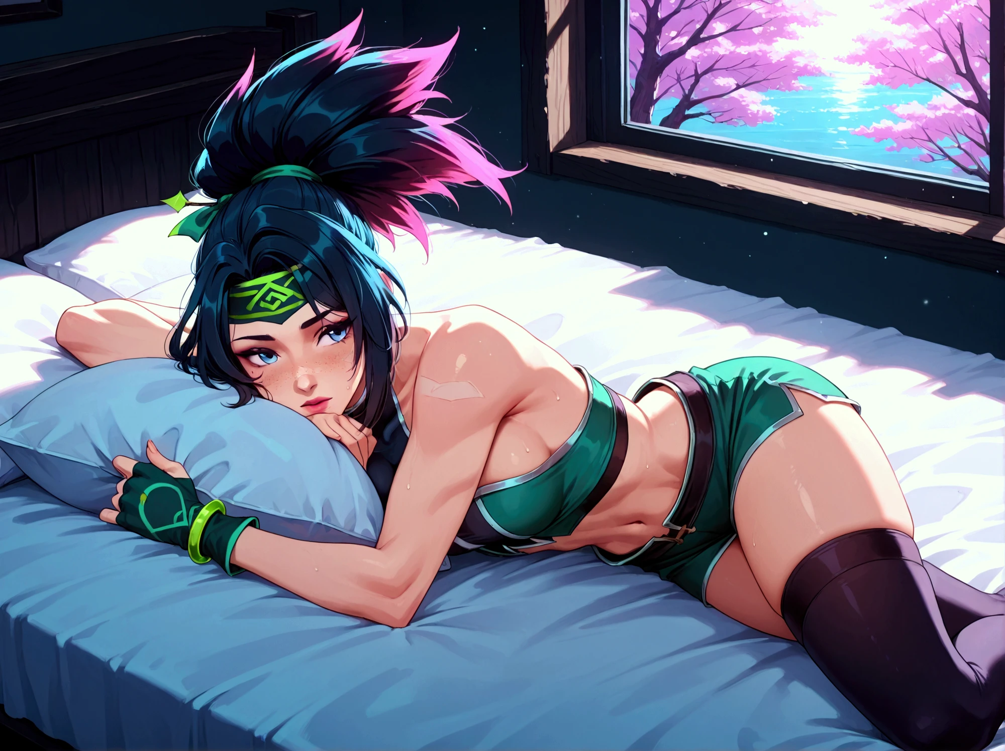 akali,  lying on a bed,