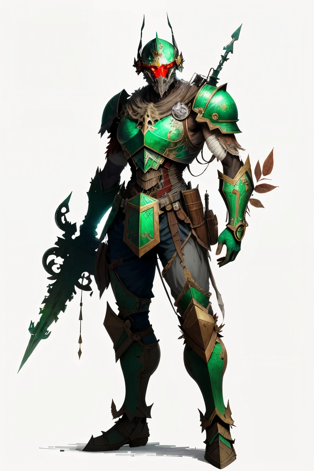estilo de desenho de gustavedore , realistic illustration Create a drawing of a warrior machine commanded by a human taking into account the colors you see semi-dry leaves neither so light nor so dark green and bright red and white a totally beautiful machine with a helmet shaped body of a totally enormous mesomorphic person with peeling paint with an anime style neither realistic nor so animated, simply something surprising, something that does not exist in this world let the imagination run wild and that has a cross combined with the symbol of ars and taurus the symbol the figure on the chest and shoulder is left and in the right side of the helmet