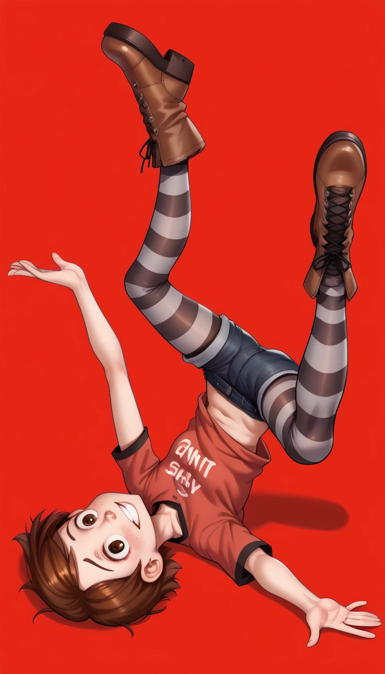 1girl, full body, solo, penny, brown hair, short hair, brown eyes, alone, red T-shirt over a brown long-sleeved shirt, denim black shorts, black and white striped tights, alongside brown socks with a red line and brown boots, Upside down, Hair down, Standing upside down, Silly face, cute smile, ((Red Background))