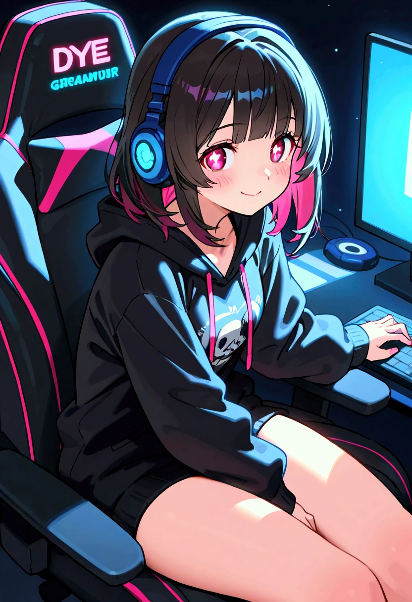 extremely detailed CG unified 8k wallpaper, very fine 8KCG wallpaper, absurderes, ,Best Quality ,ultra-detailliert ,Beautiful face ,masterpiece、dolphin hoodie outfit sitting in a gaming chair selfie black hair pink eyes