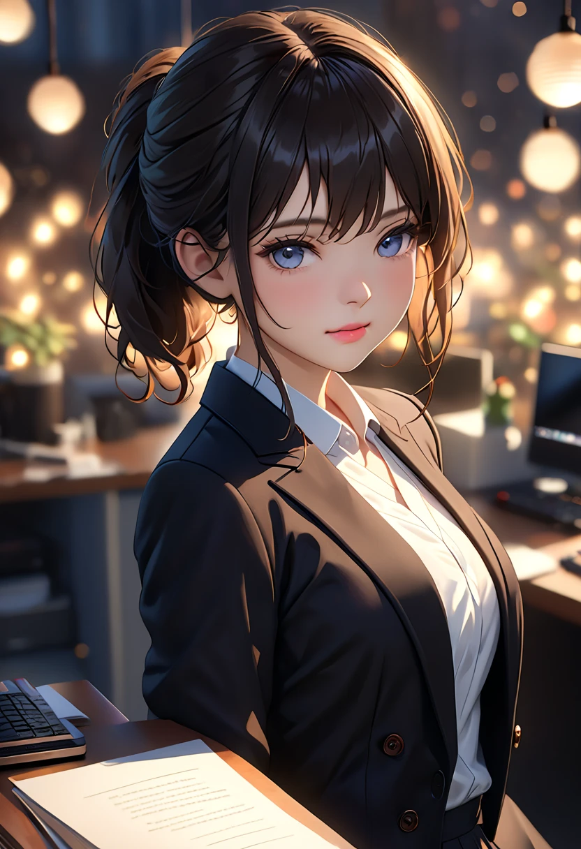  top quality , Masterpiece,  1 girl,  beautiful faces, (  photorealistic photos :1.3),  rim lighting, ( High Detail Skin :1.2), 8K UHD,  DSLR ,  High Quality ,   high definition , 4K, 8k, Bokeh, (Genuine: 1.3), Small face,  Cute Girl ,   Black Formal Blazer , Center of chest,  short skirt, office