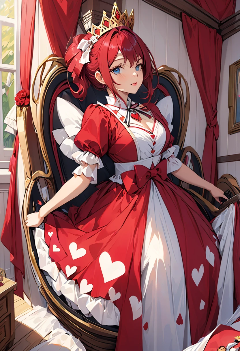 The  Queen of Hearts rides in her cradle into her room  