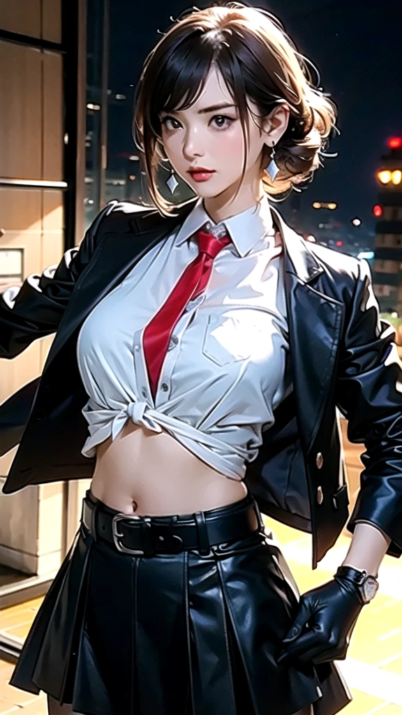suit,Collared shirt,Belt Bag,Black mini skirt with suspenders garter belt Knee-length stockings Black They are not カラコン Armpit sweat sweating Sides of both hands,Black jacket,sight,Ample breasts,Armpit sweat,Exposing your armpits"Tight fitting clothes、(night:1.8)One girl, solo, High resolution, masterpiece, accurate, Anatomically correct, Winner of numerous awards, Highest quality, High detail, High-resolution model, Very detailed, Textured skin, Ultra high definition, Large Breasts, Background blur, Chiaroscuro, movieの光効果, movie, movie撮影,
