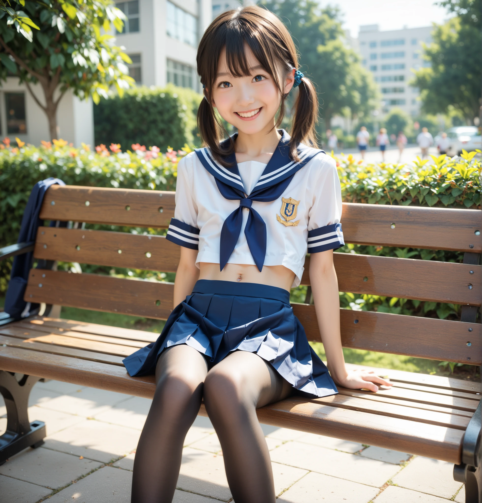  Sailor Suit Cosplay , navy skirt ,university student,First-year students,cute girl,masterpiece,4K,8k,16k,160 denier black tights , raise your knees and spread your legs :1.5,Hair ties, sit on a park bench,Smile, very skinny,Lanky,skinny ,toddler body